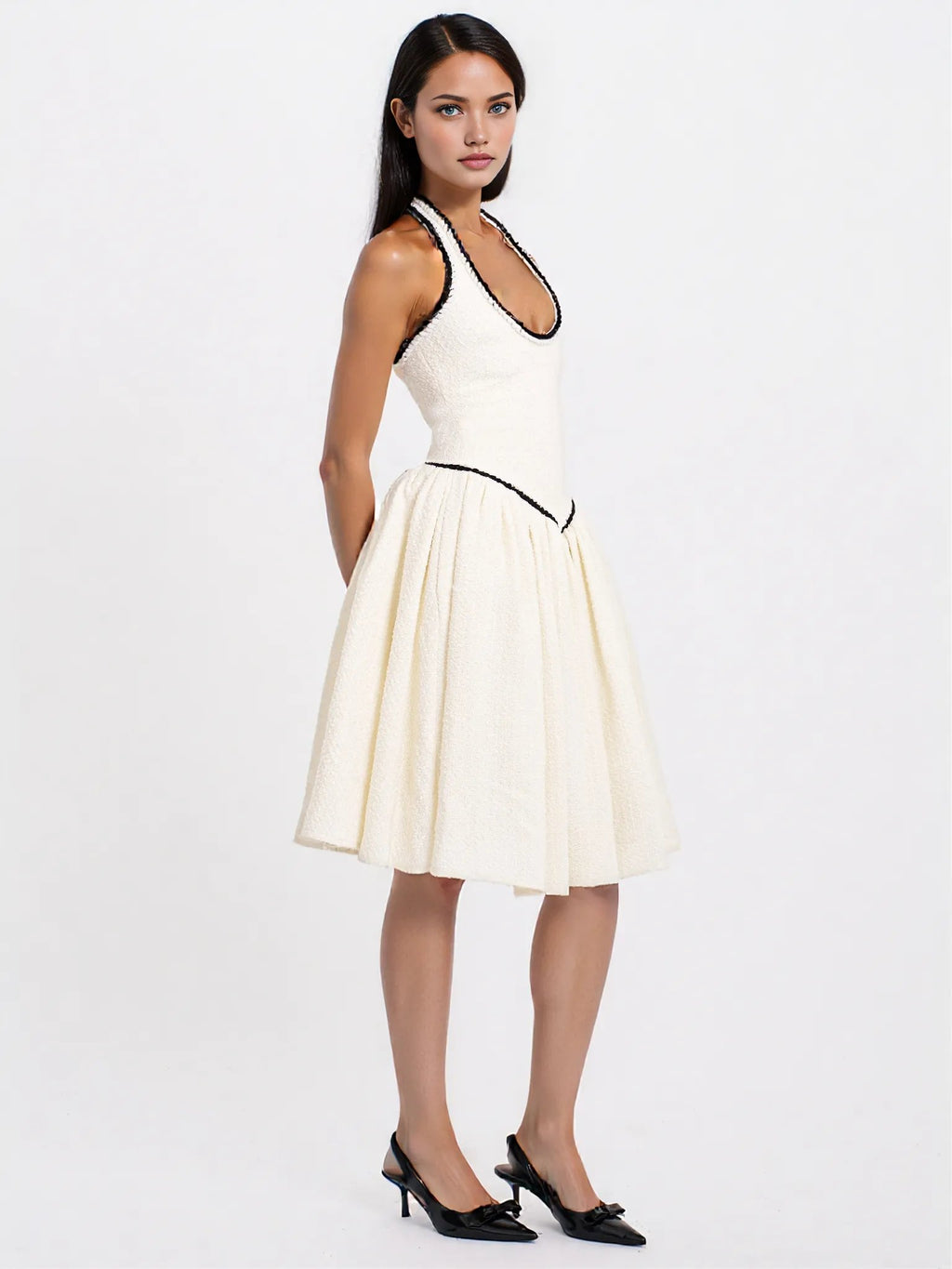 Natalie U Neck Halter Drop Waist Tweed Midi Dress - HOUSE OF SHE