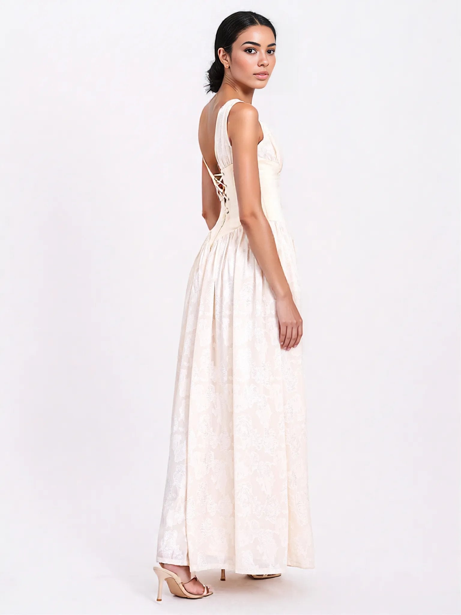Sabrina Butter Yellow High Slit Jacquard Maxi Dress