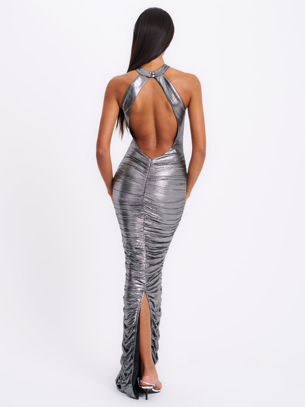 Abril Ruched Silver Glitter Backless Gown - HOUSE OF SHE
