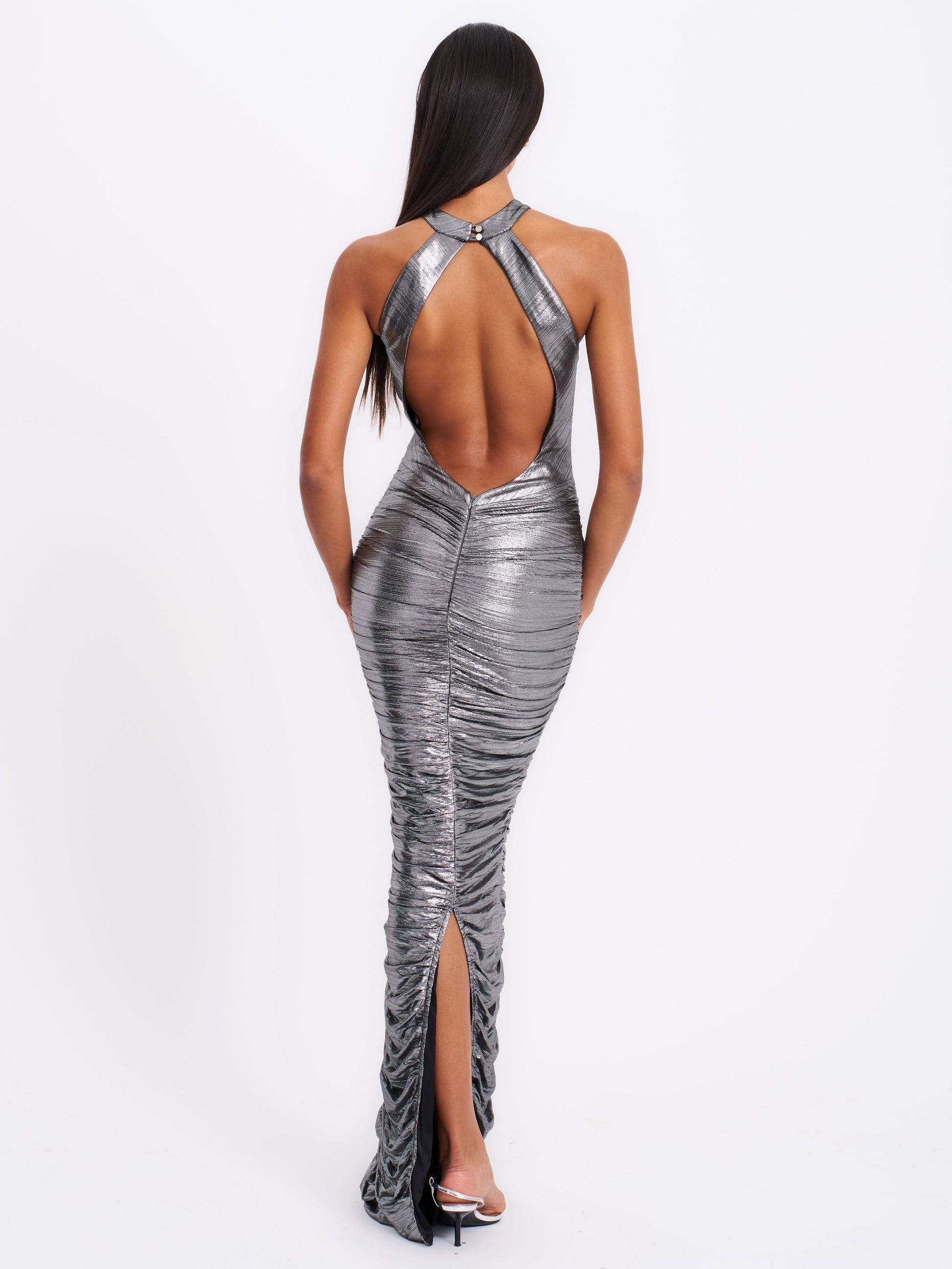 Abril Ruched Silver Glitter Backless Gown - HOUSE OF SHE