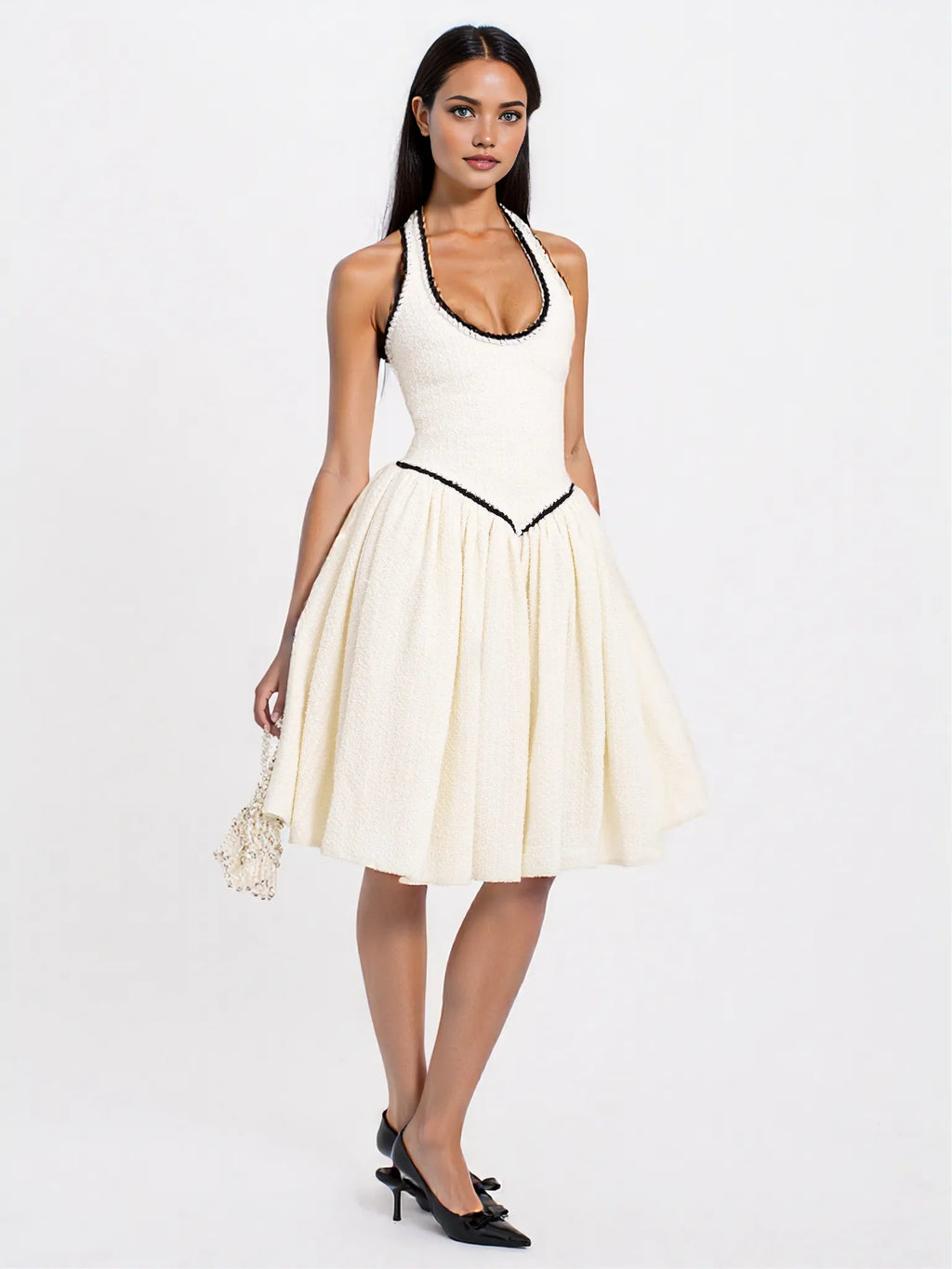 Natalie U Neck Halter Drop Waist Tweed Midi Dress - HOUSE OF SHE