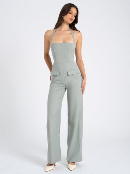 Zaria Sage Green Wide Leg Halter Jumpsuit  HOUSE OF SHE