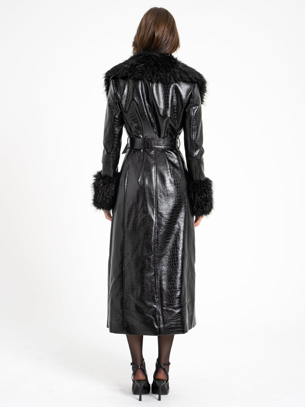 Zella Black Fur Vegan Croc Leather Coat