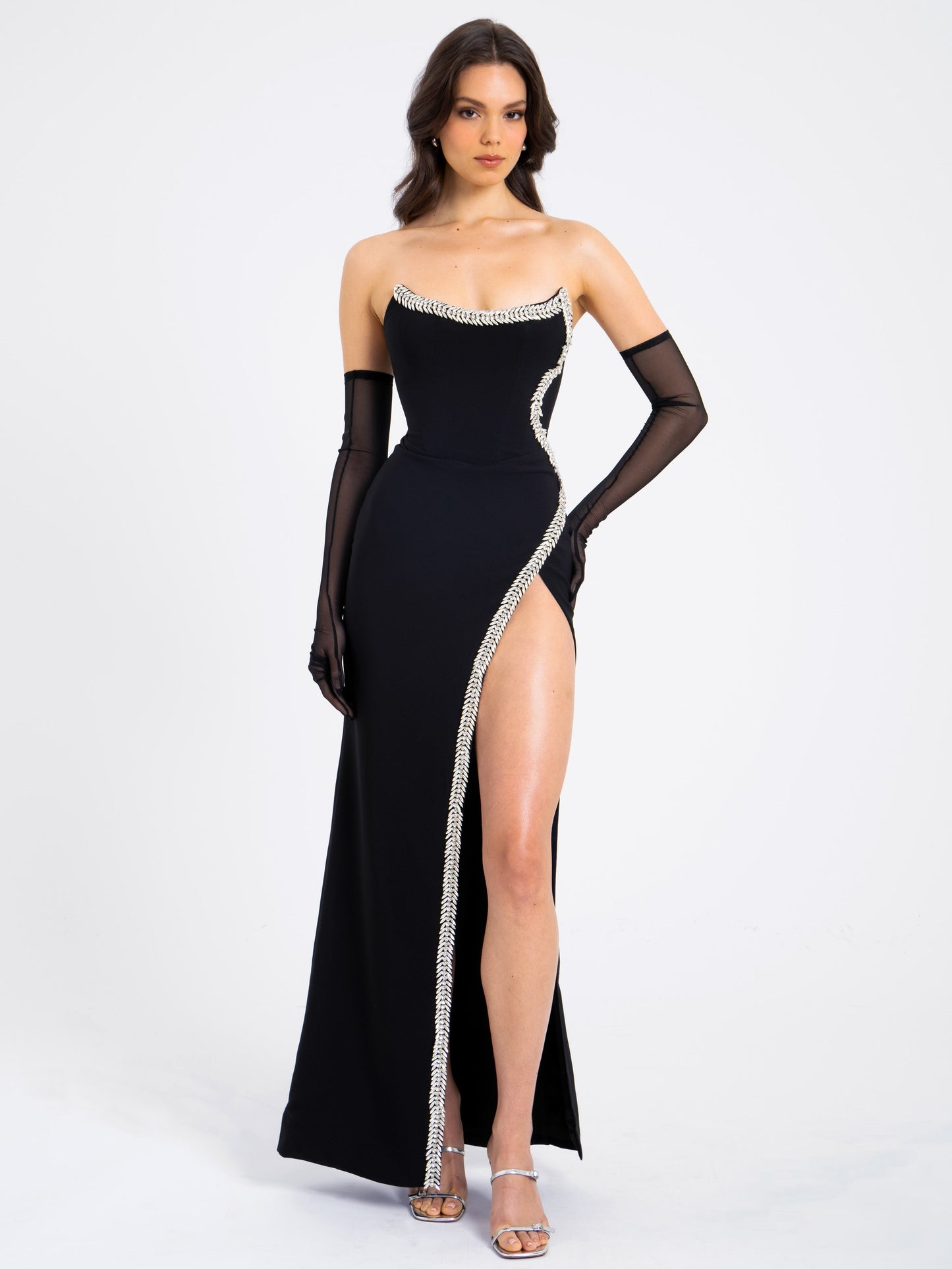 Xoana Black Crystal Embellished High Slit Gown