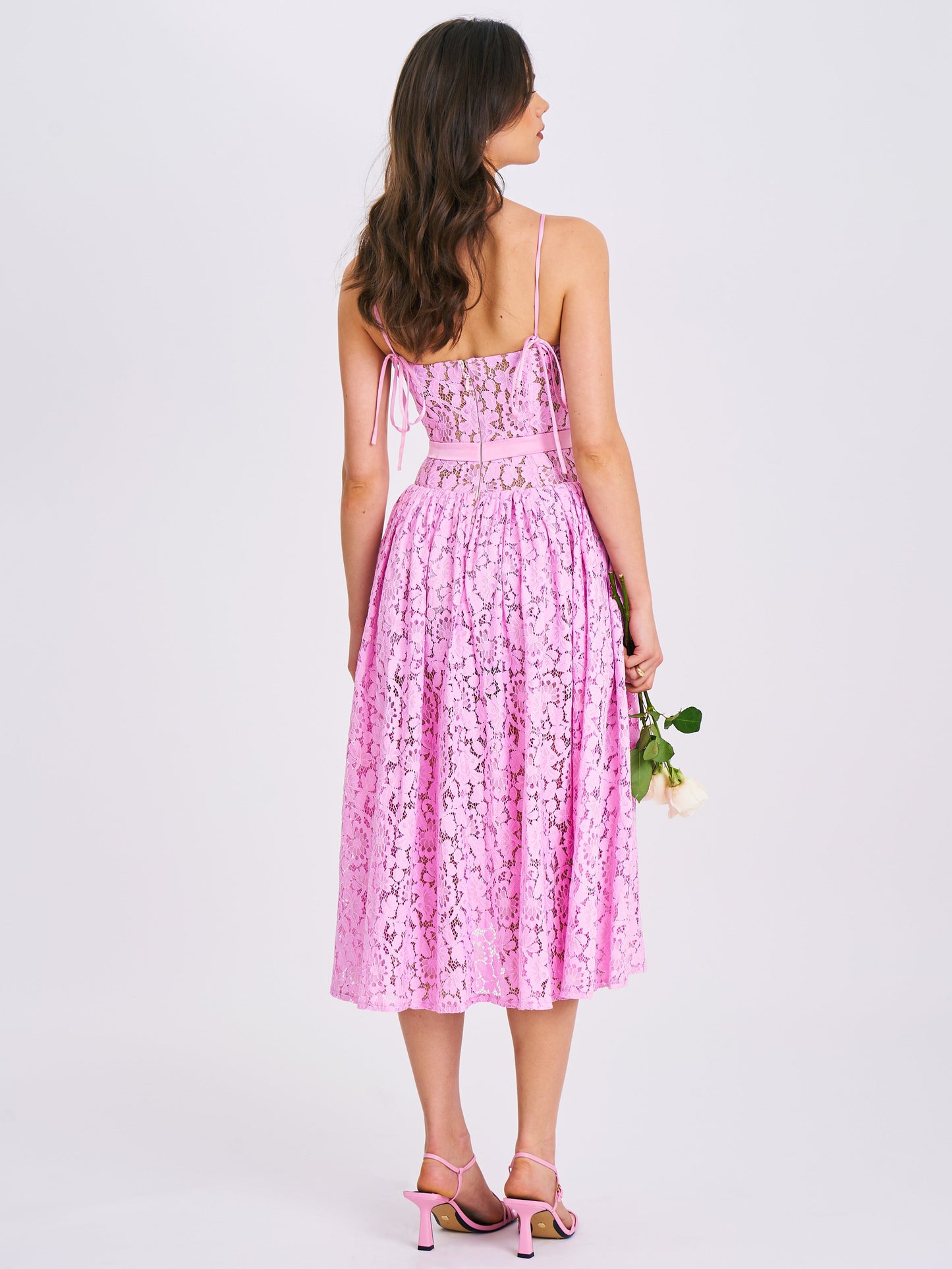 Lorena Pink Lace Drop Waist Midi Dress