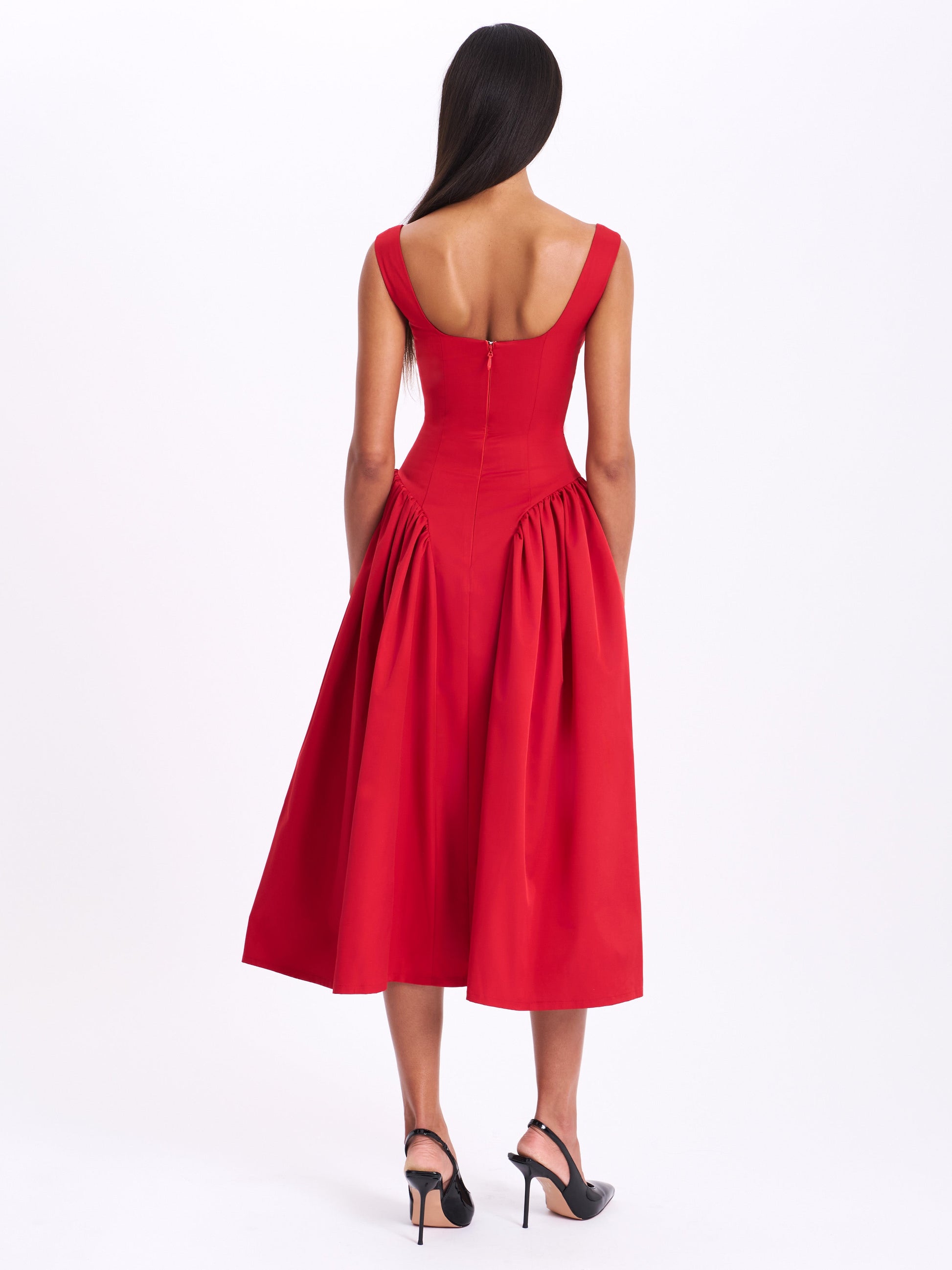 Nahla Red Drop Waist Midi Dress with Buttons - HOUSE OF SHE