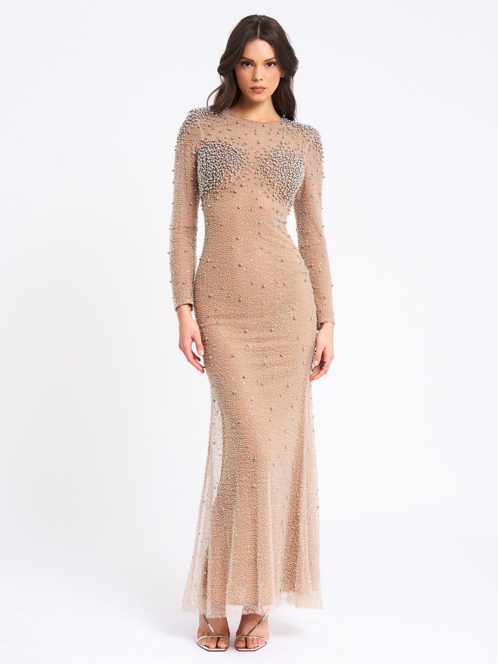 Rita Sequin Mesh Silver Beaded Mermaid Dress