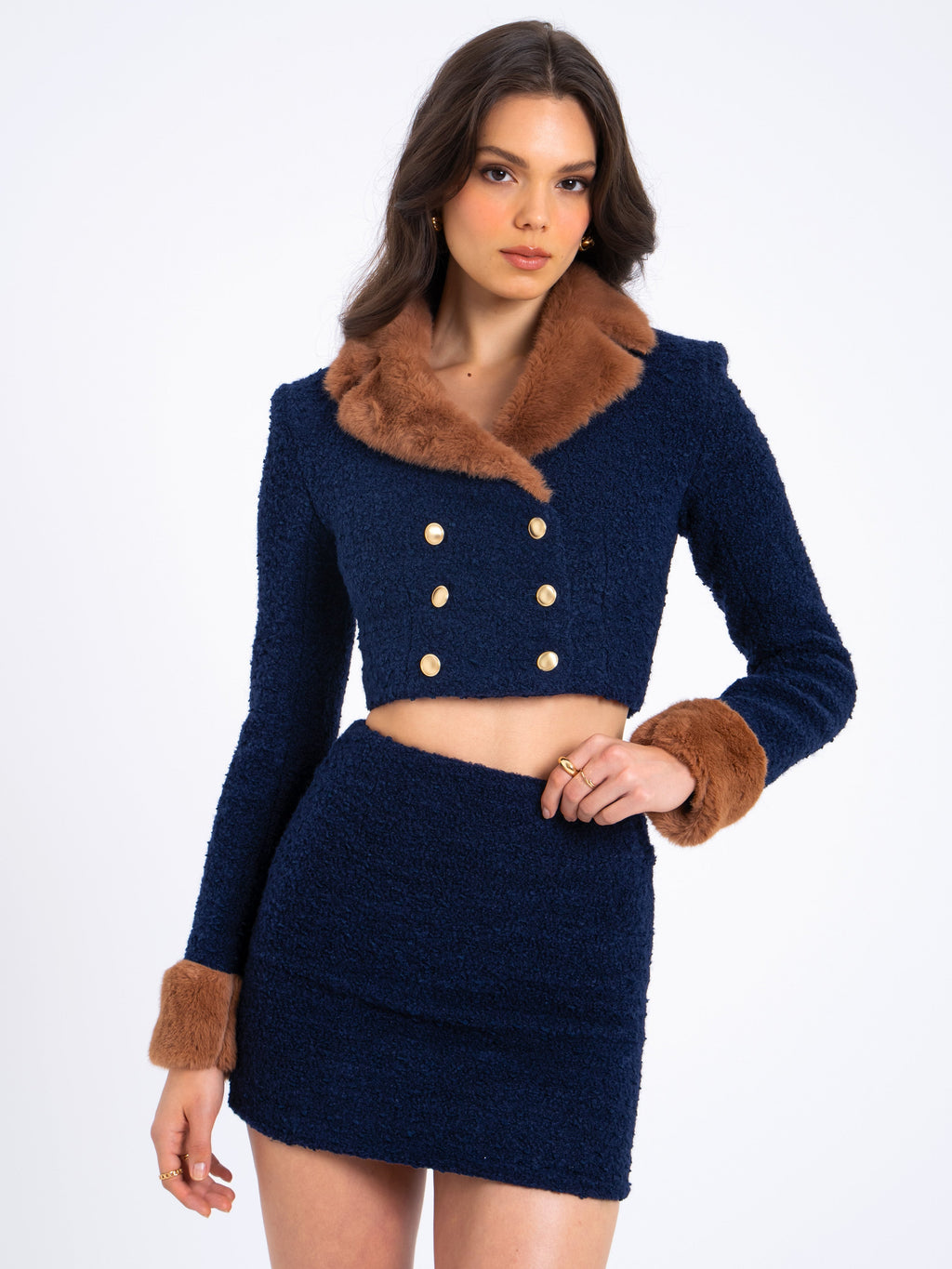 Wylda Navy Blue Boucle Wool Bodycon Mini Skirt - HOUSE OF SHE