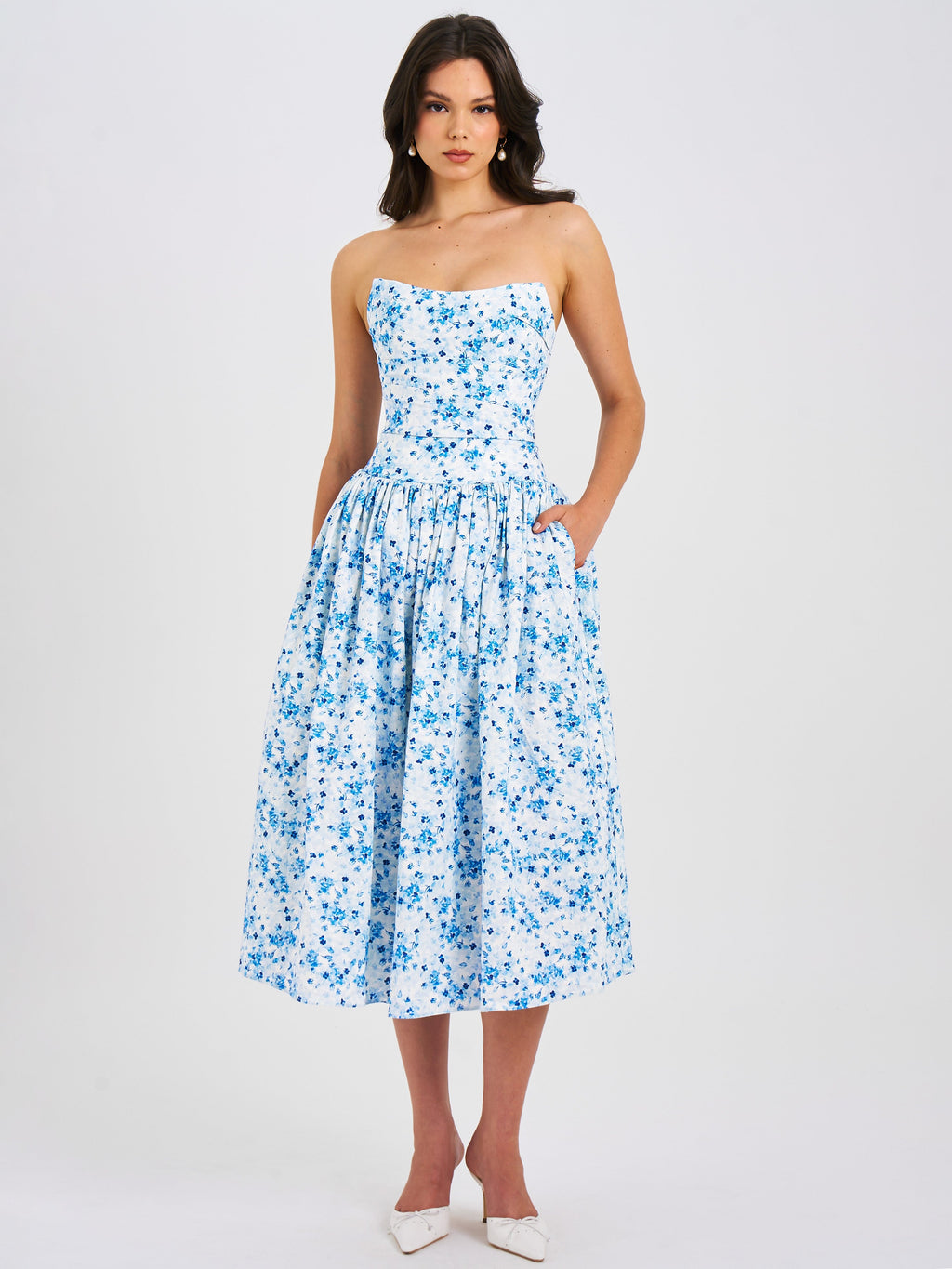Paloma Blue Print Linen Corset Draping Top Midi Dress - HOUSE OF SHE