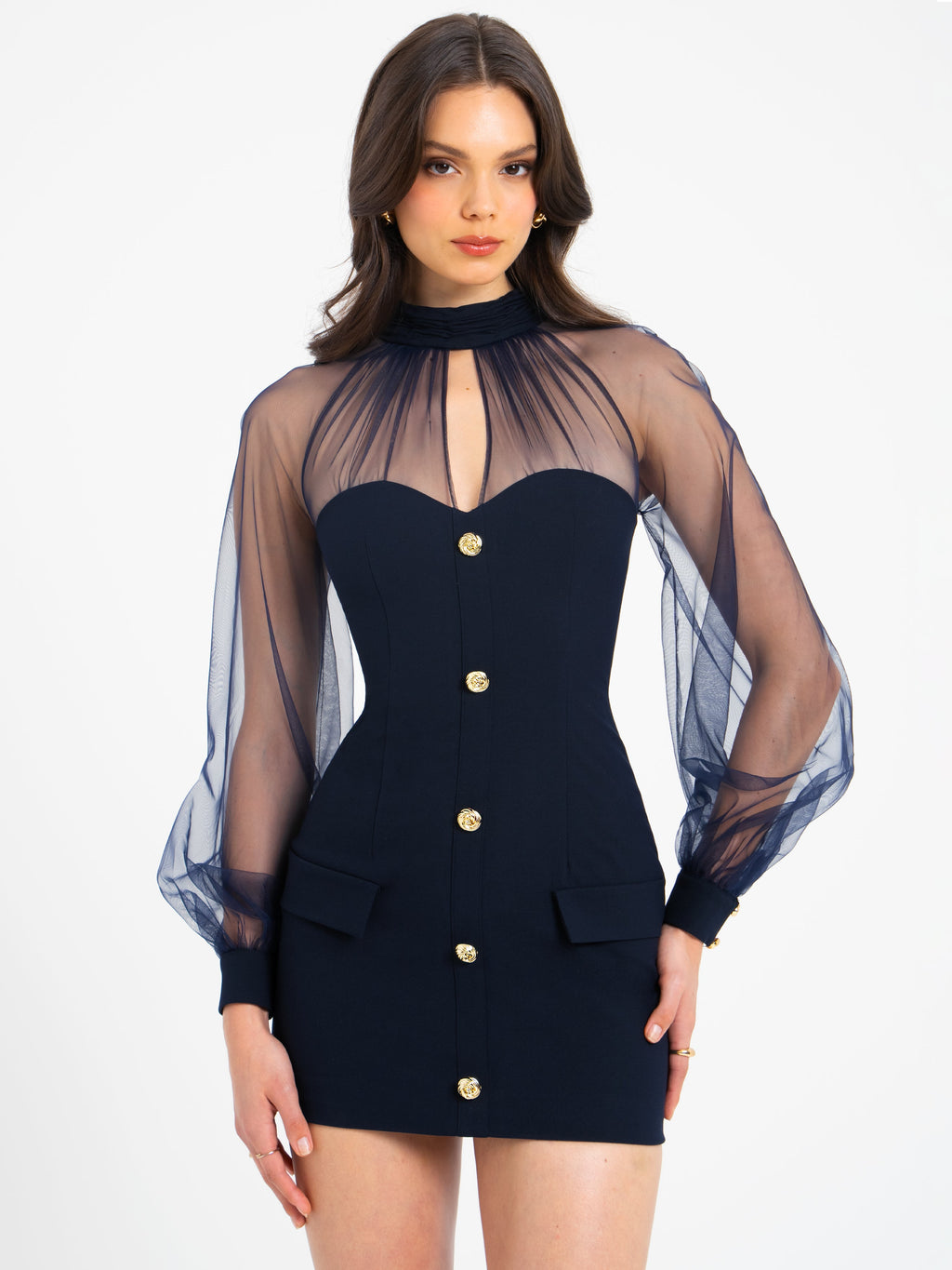 Tabitha Navy Blue Mesh Lantern Sleeve Mini Dress - HOUSE OF SHE