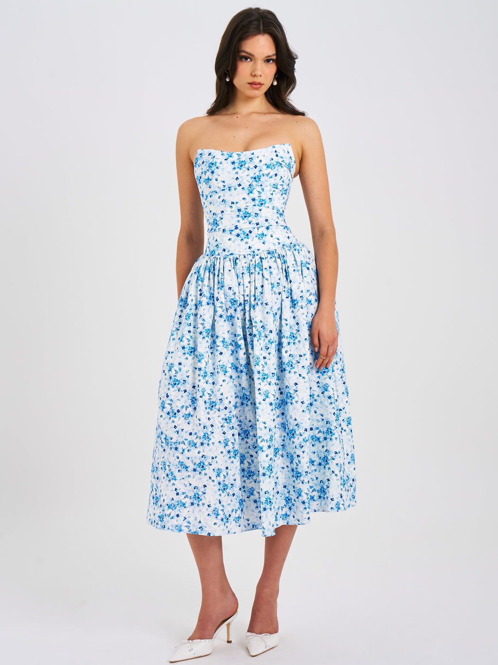 Paloma Blue Print Linen Corset Draping Top Midi Dress - HOUSE OF SHE