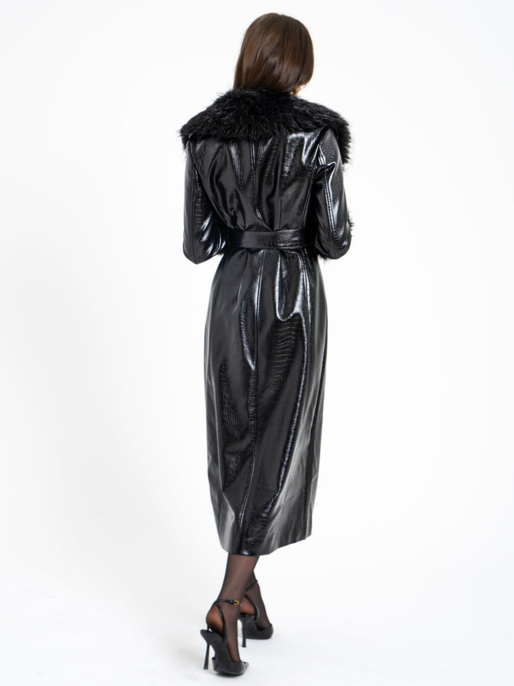Zella Black Fur Vegan Croc Leather Coat