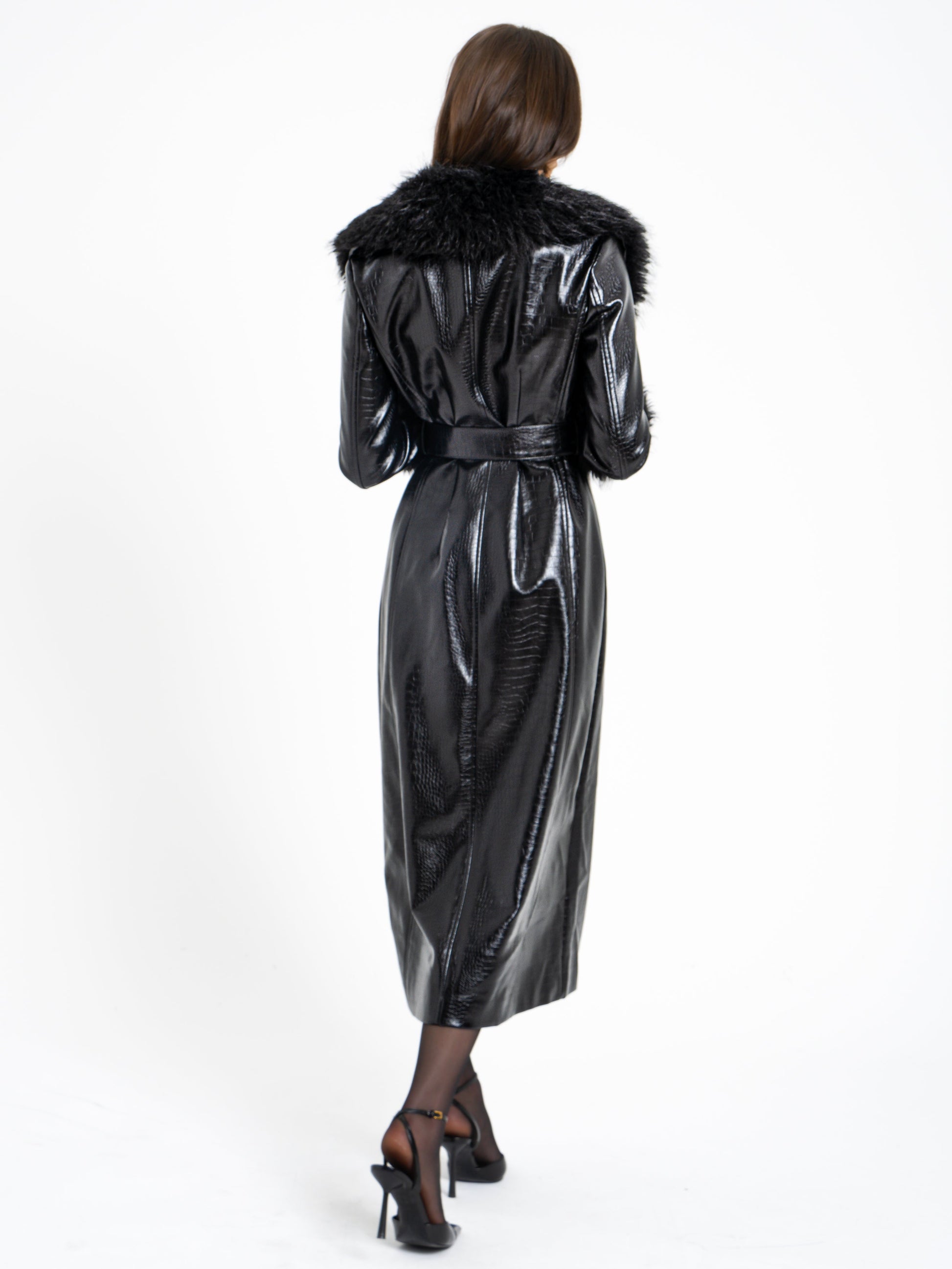 Zella Black Fur Vegan Croc Leather Coat