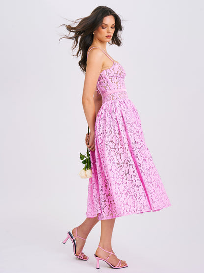 Lorena Pink Lace Drop Waist Midi Dress