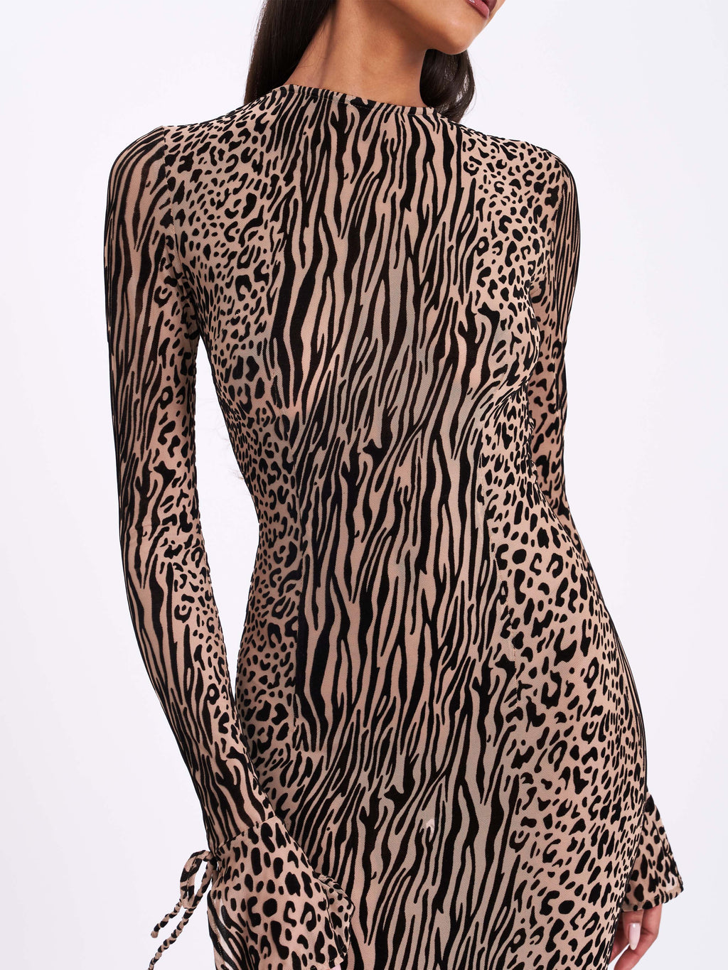 Waylynn Nude Black Animal Print Burnout Velvet Detail Mesh Backless Maxi Dress - HOUSE OF SHE