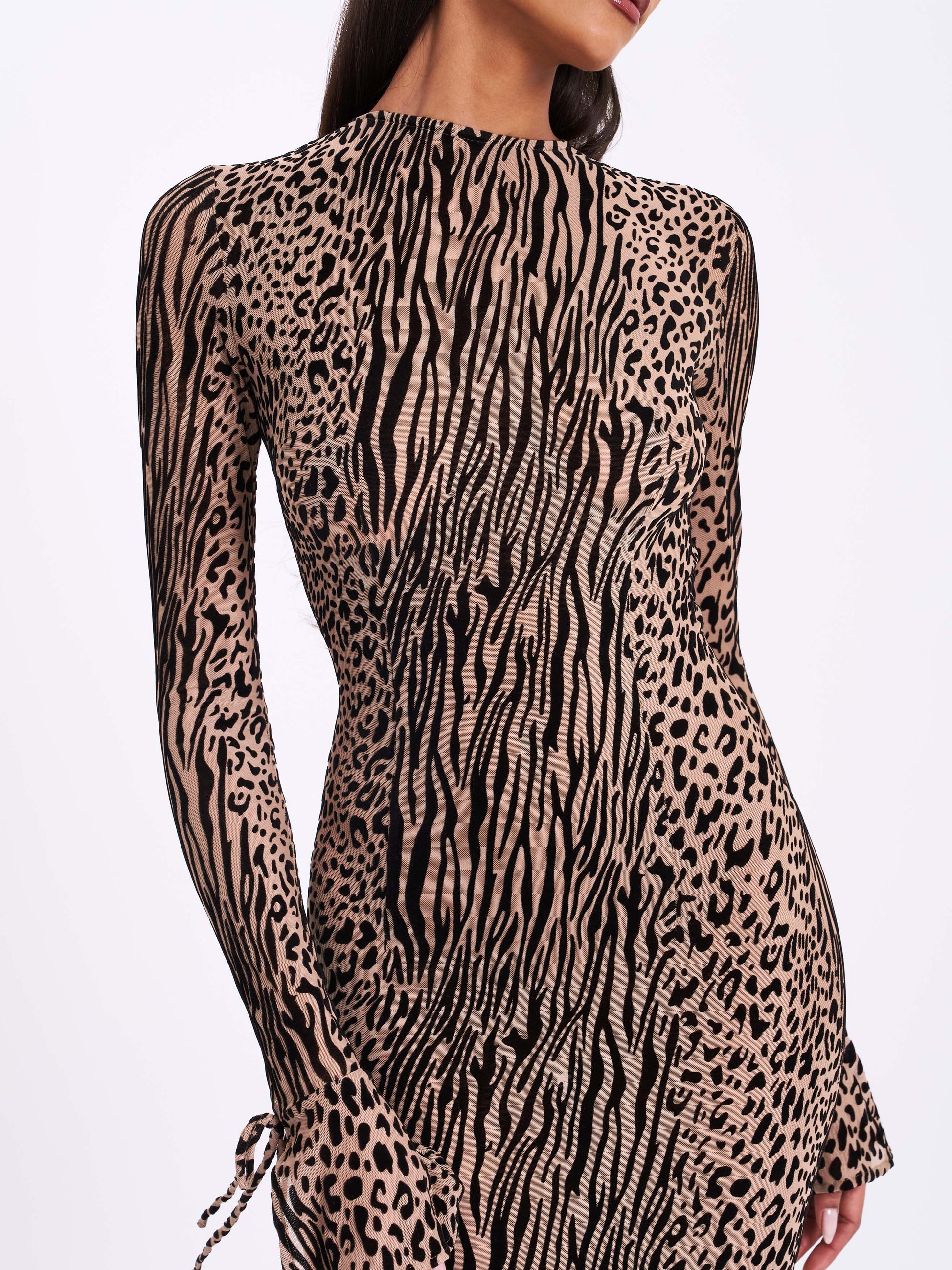 Waylynn Nude Black Animal Print Burnout Velvet Detail Mesh Backless Maxi Dress - HOUSE OF SHE