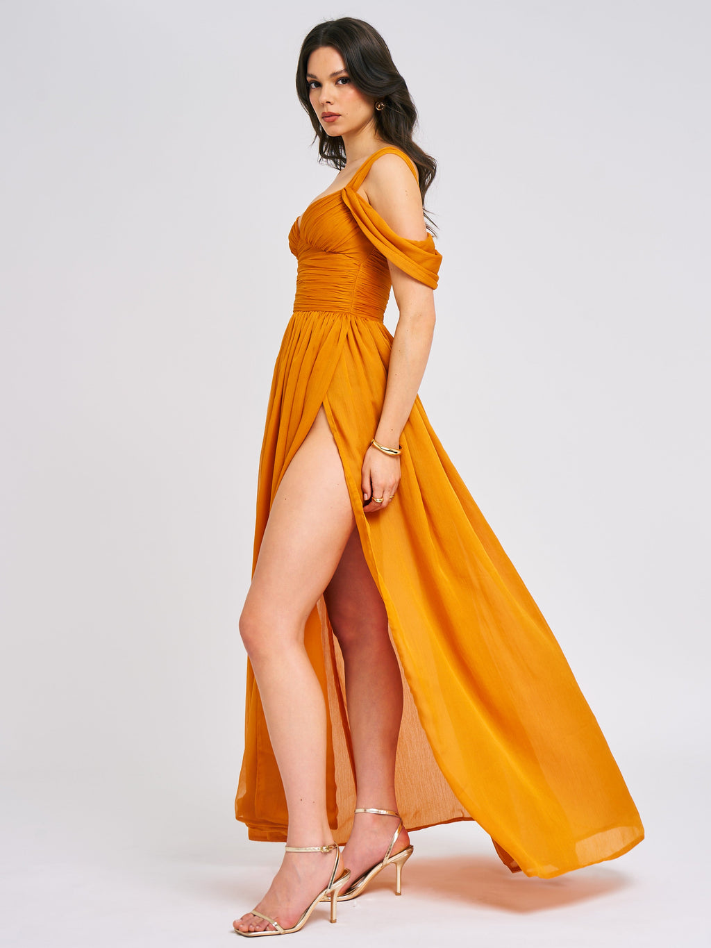 Jelani Layered Mesh High-Slit Drape Maxi Dress  HOUSE OF SHE