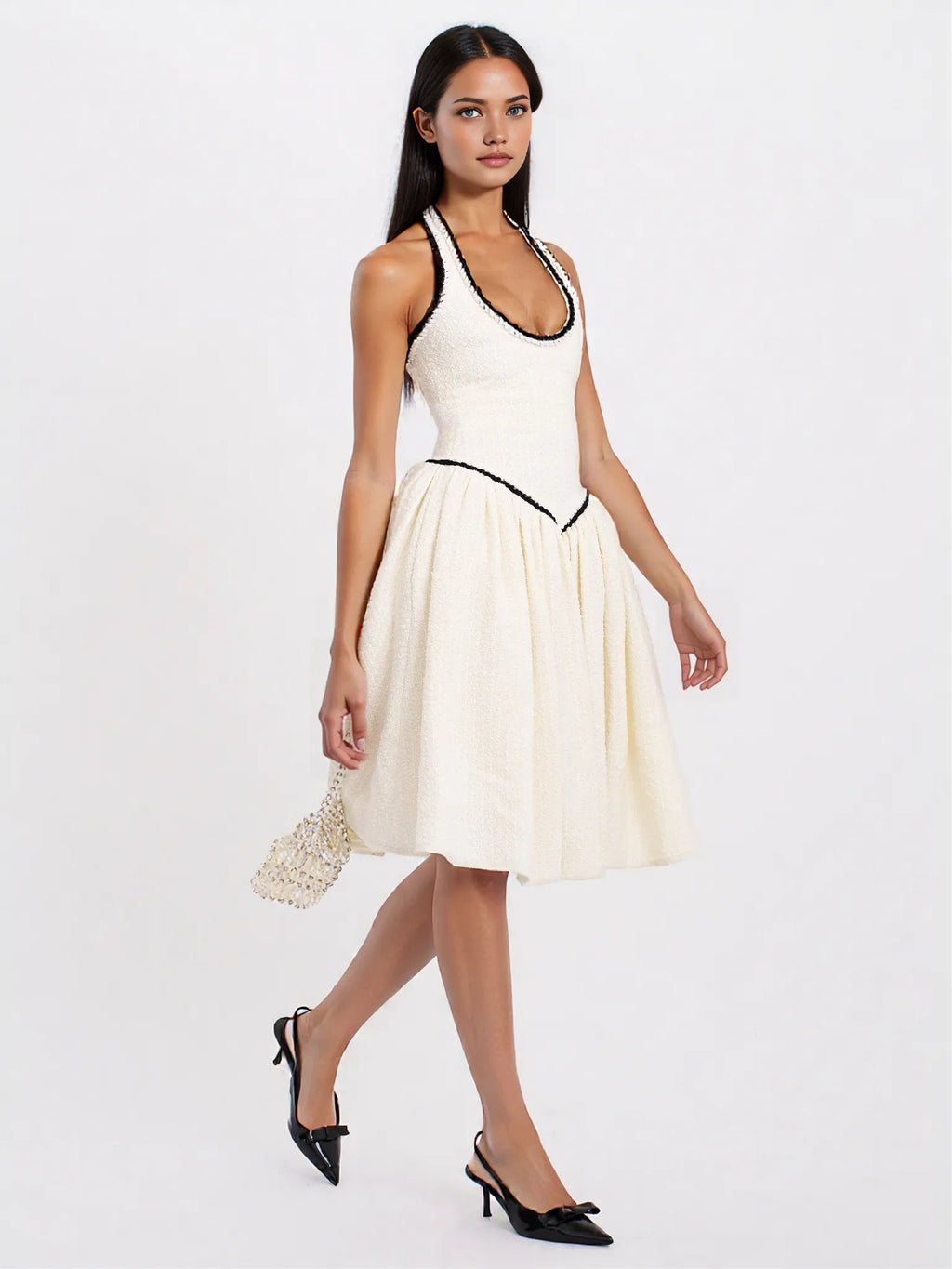 Natalie U Neck Halter Drop Waist Tweed Midi Dress - HOUSE OF SHE