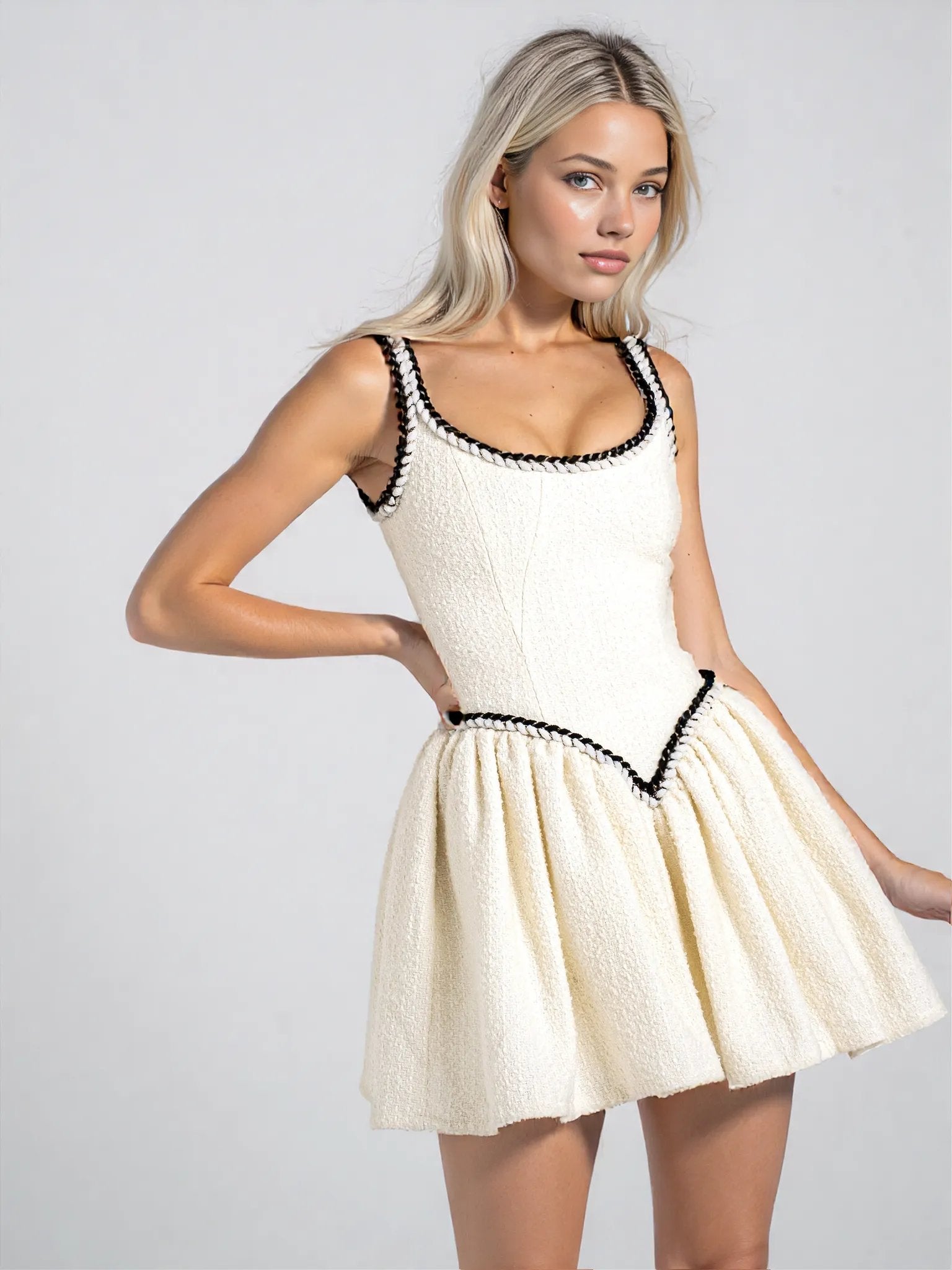 Coco White Boucle Tweed V Waist Mini Dress