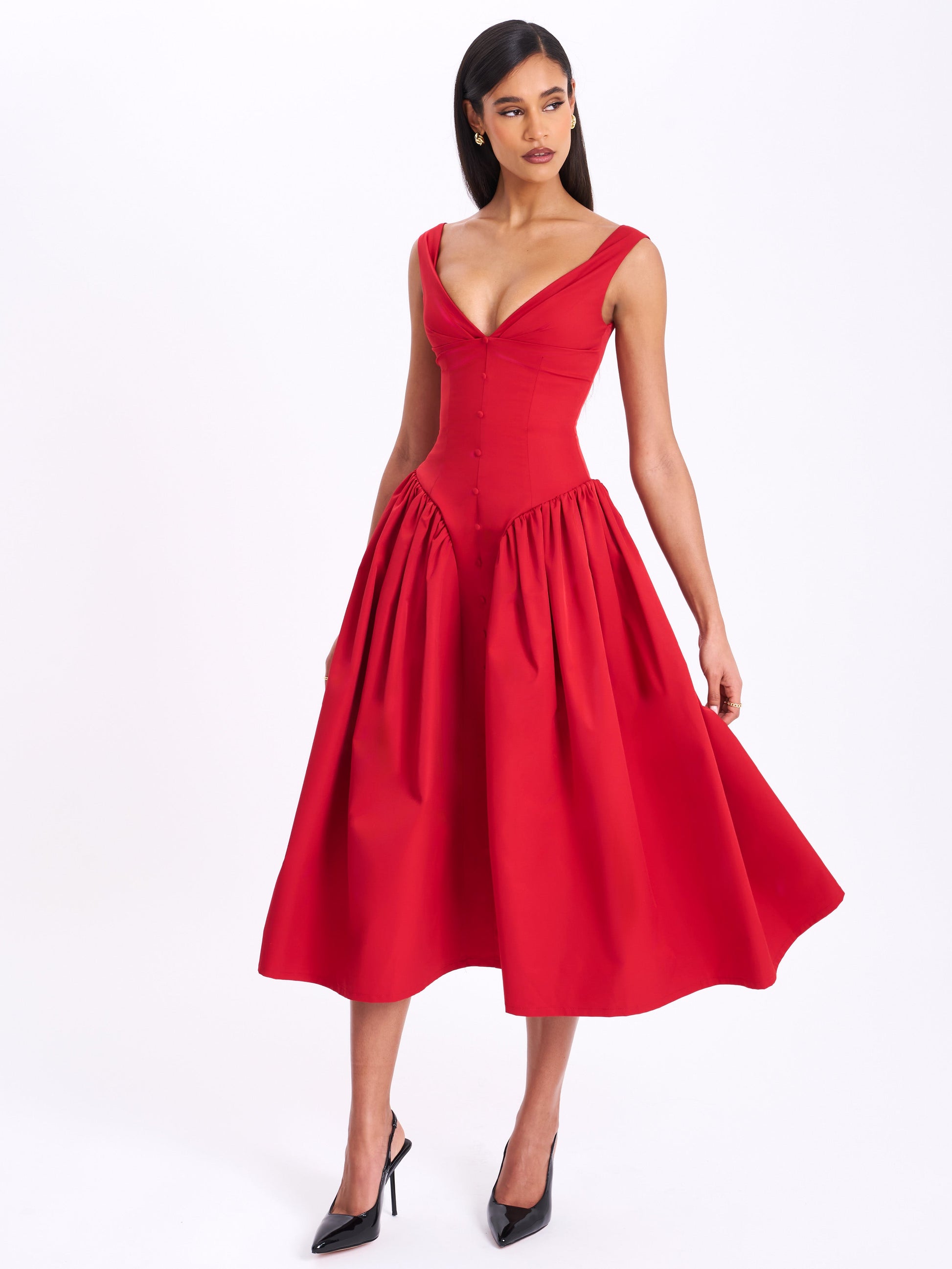 Nahla Red Drop Waist Midi Dress with Buttons - HOUSE OF SHE