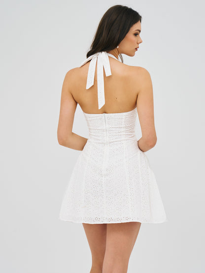 Johana White Eyelet Halter Mini Dress