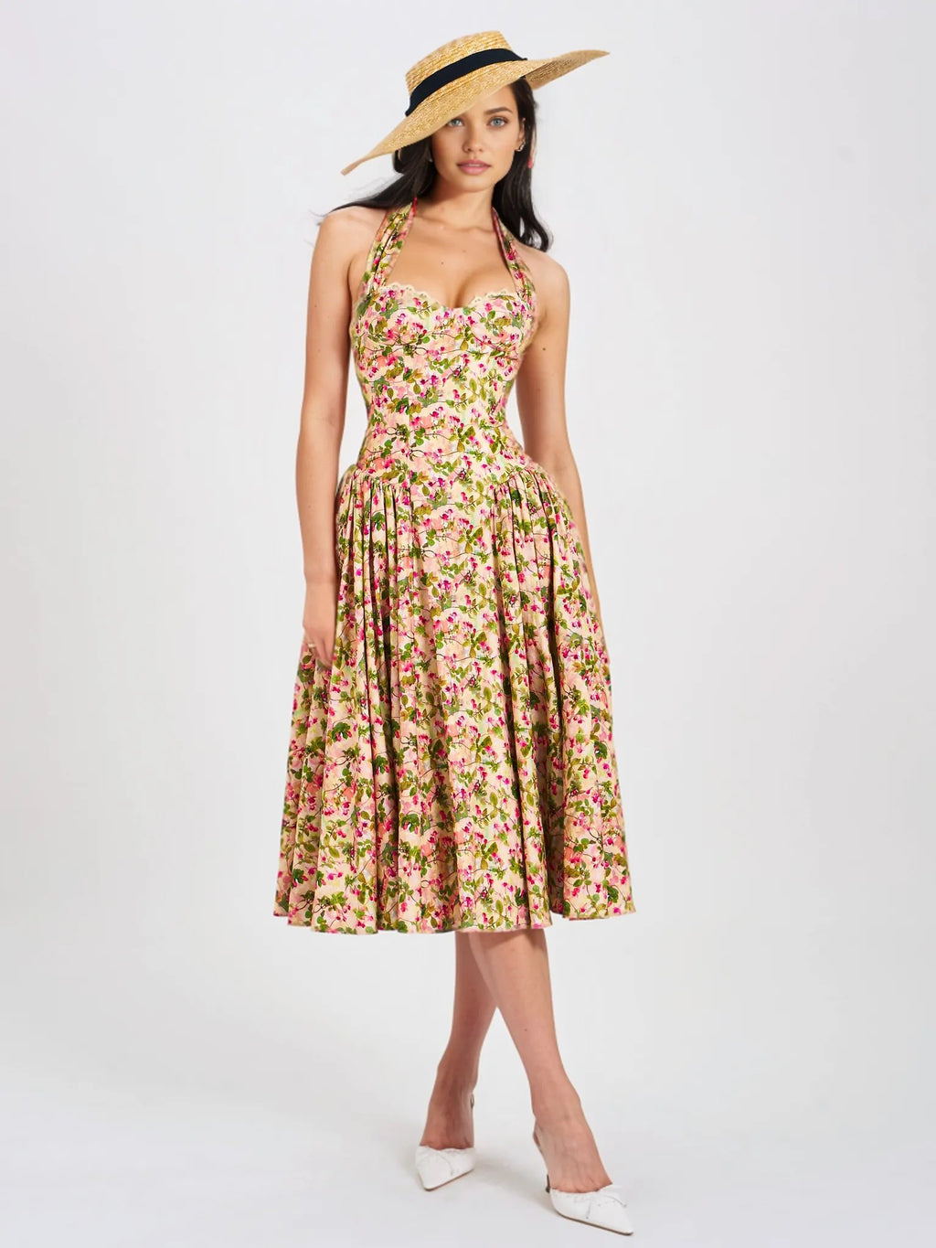 Miya Floral Linen Halter Corset Maxi Dress - HOUSE OF SHE
