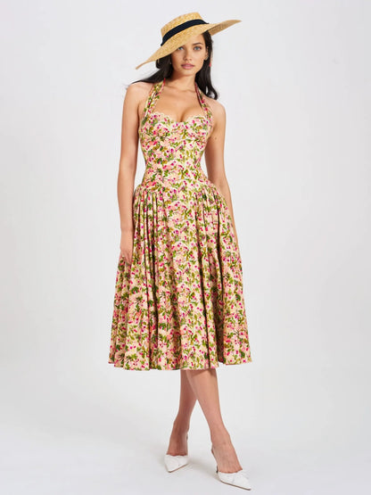 Miya Floral Linen Halter Corset Maxi Dress