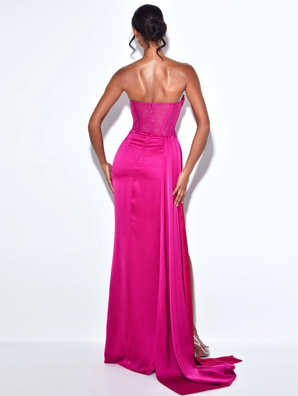Holly Fuchsia Corset High Slit Satin Gown - HOUSE OF SHE