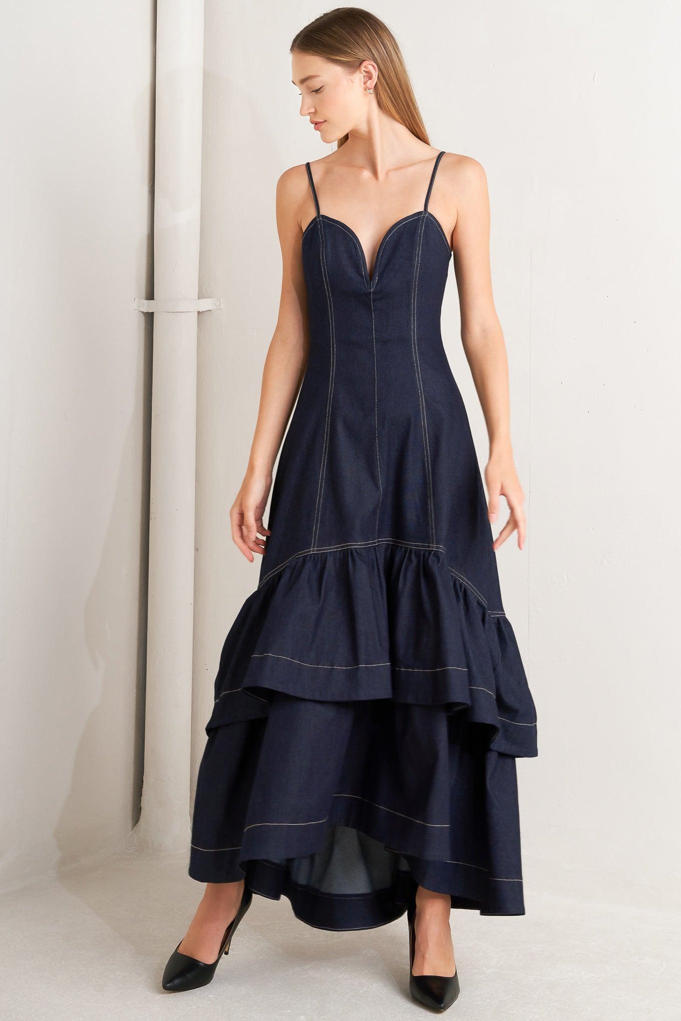 Raw Elegance Denim Midi Dress