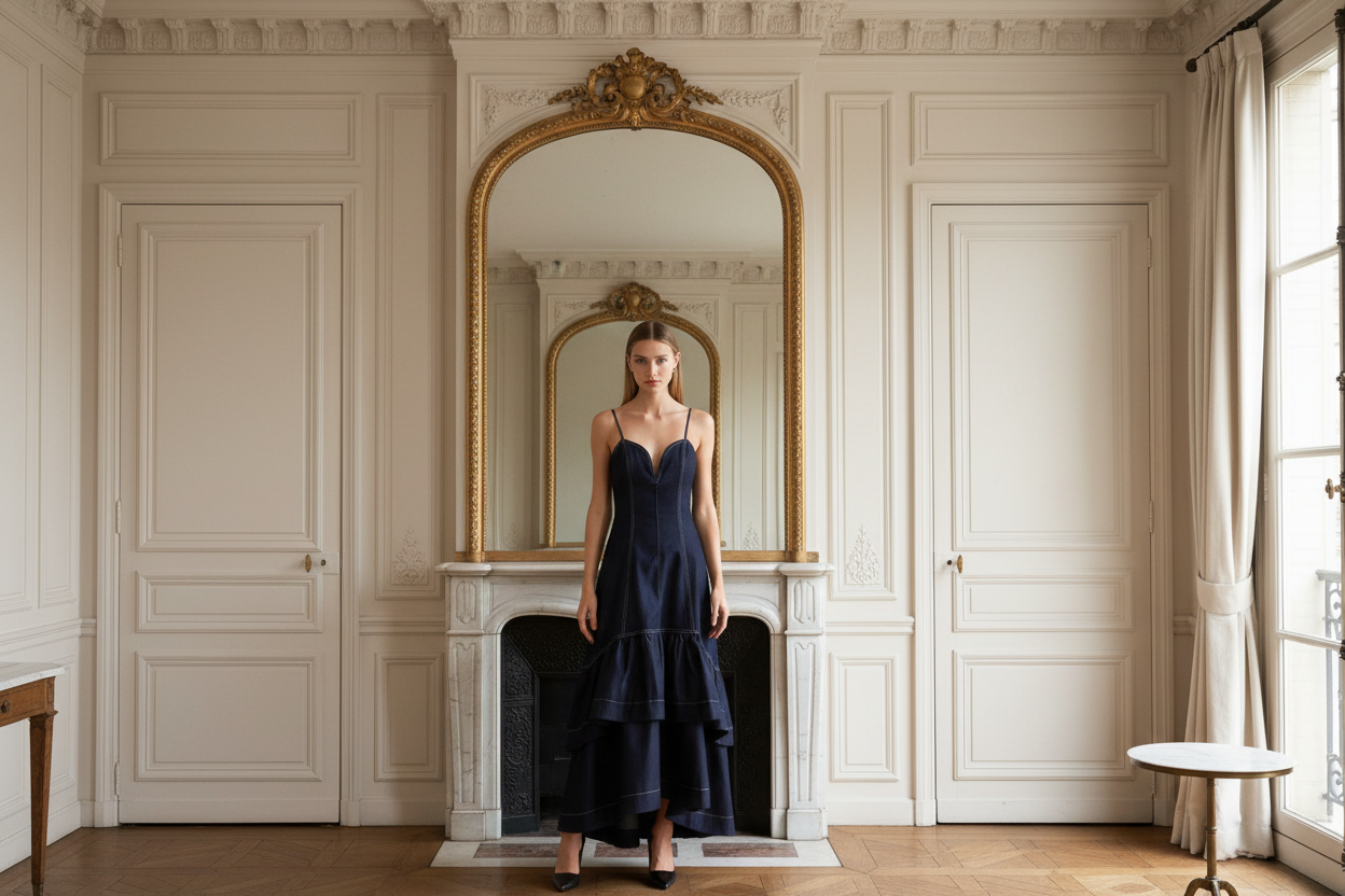 Raw Elegance Denim Midi Dress