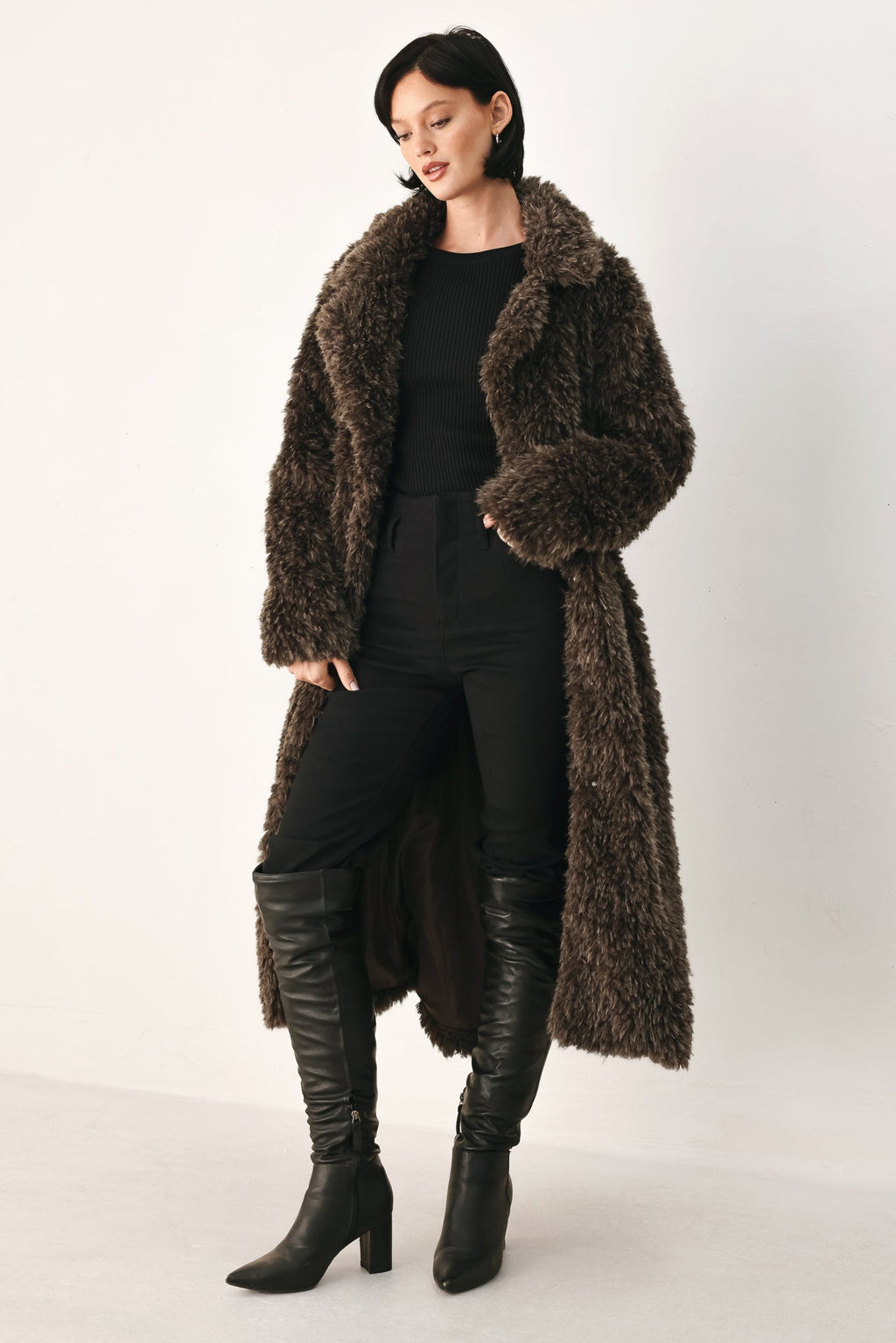 Cozy in the City Brown Belted Faux Fur Midi Coat