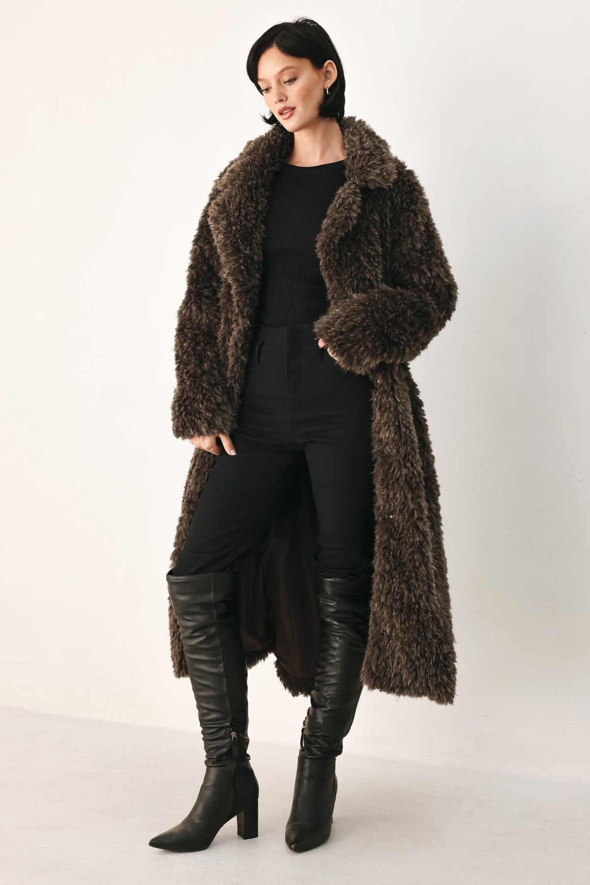 Cozy in the City Brown Belted Faux Fur Midi Coat
