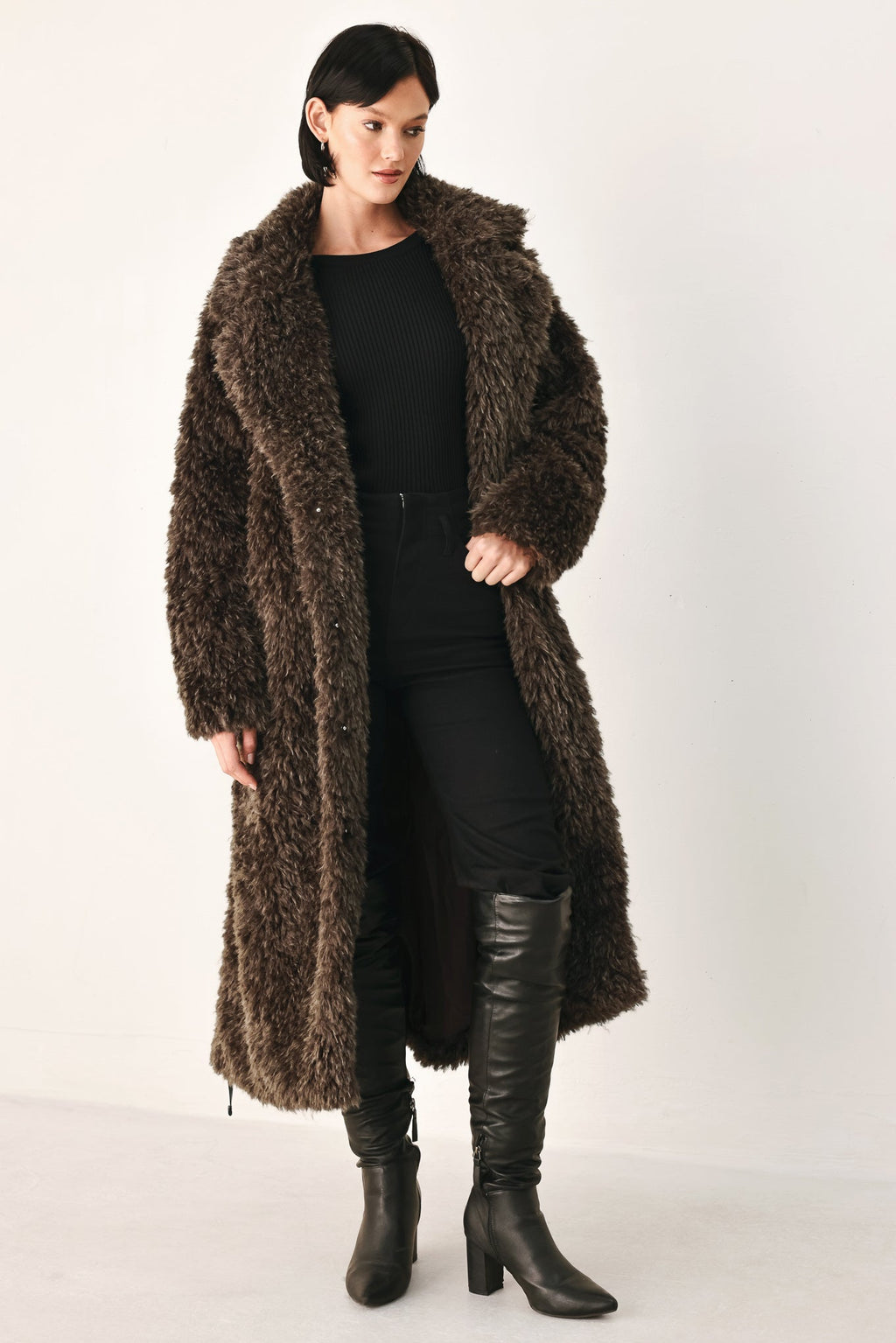 Cozy in the City Brown Belted Faux Fur Midi Coat