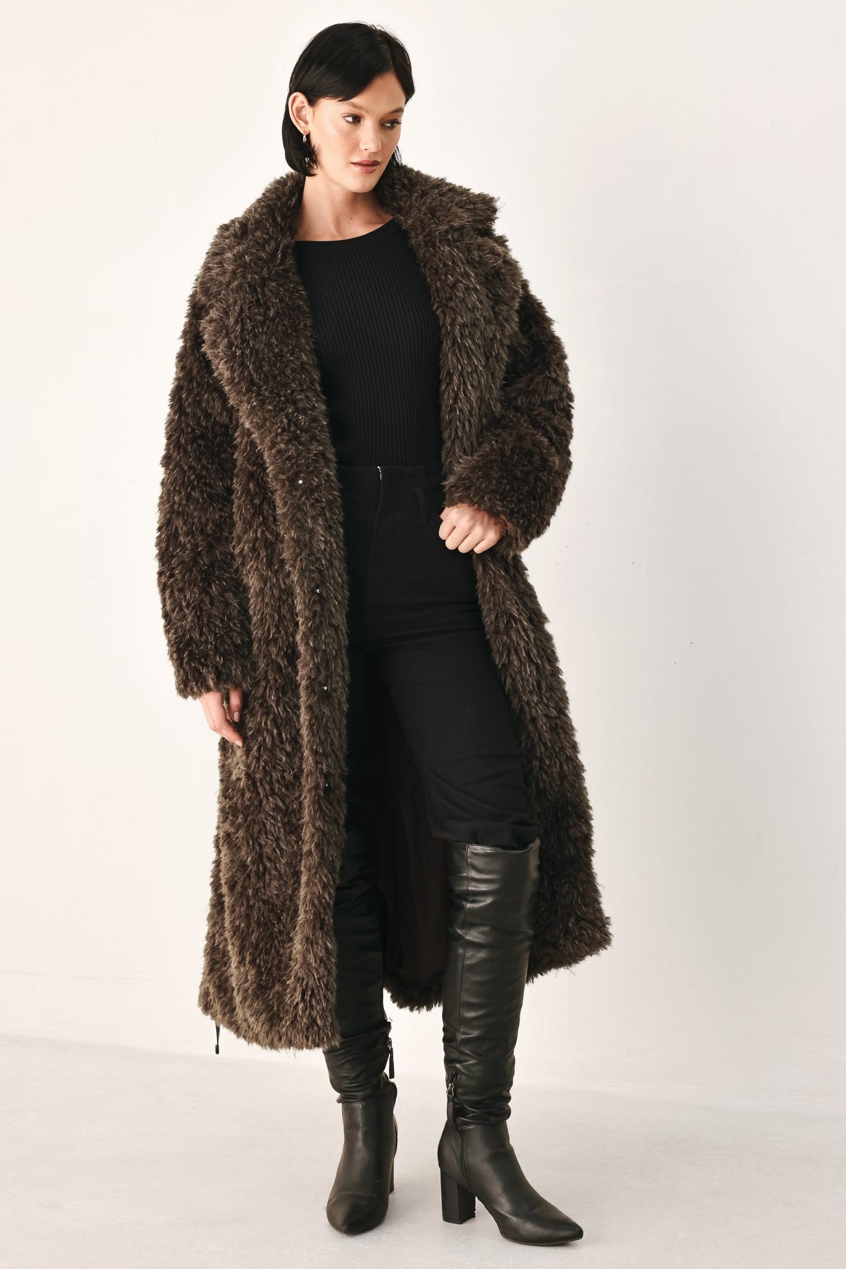 Cozy in the City Brown Belted Faux Fur Midi Coat