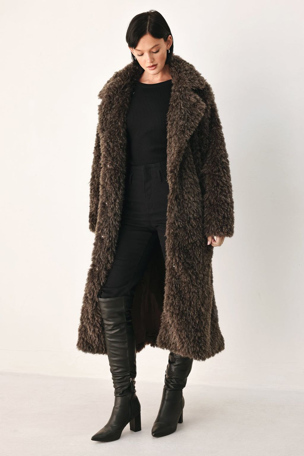 Cozy in the City Brown Belted Faux Fur Midi Coat