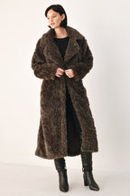 Cozy in the City Brown Belted Faux Fur Midi Coat
