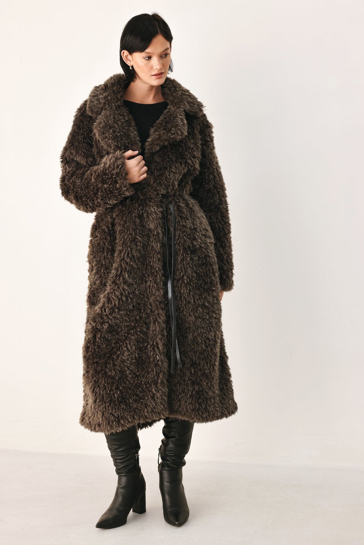 Cozy in the City Brown Belted Faux Fur Midi Coat