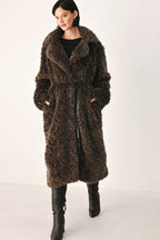 Cozy in the City Brown Belted Faux Fur Midi Coat