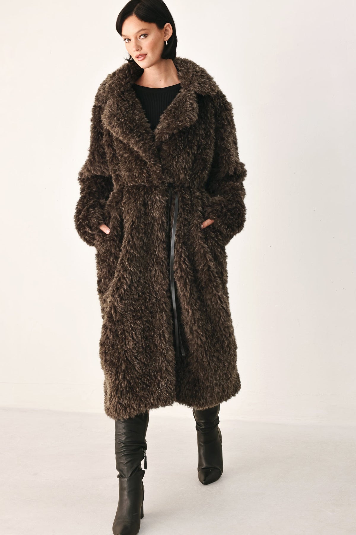 Cozy in the City Brown Belted Faux Fur Midi Coat