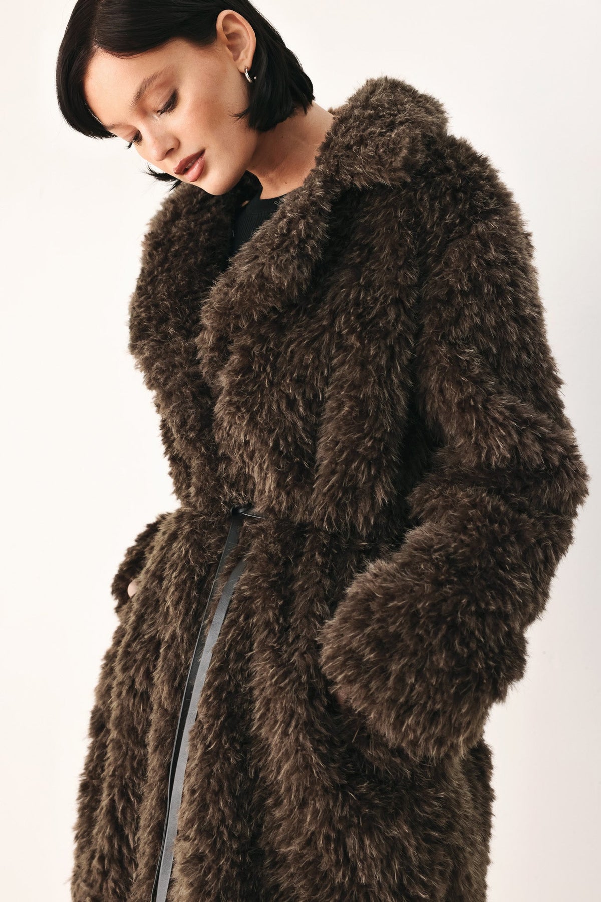 Cozy in the City Brown Belted Faux Fur Midi Coat