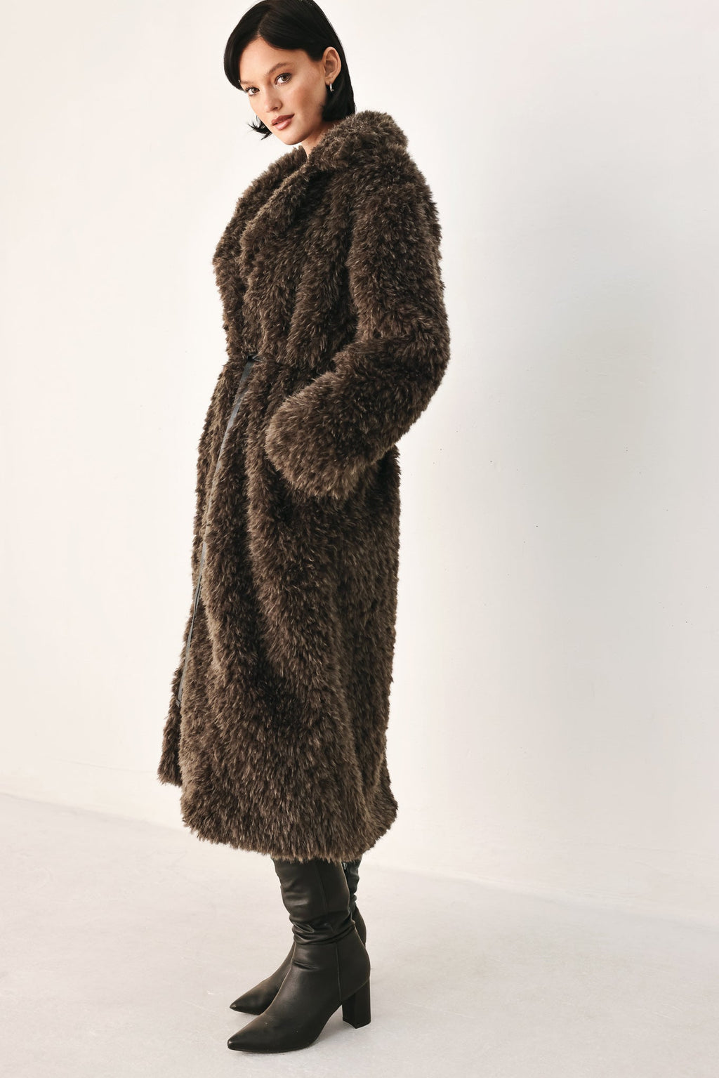 Cozy in the City Brown Belted Faux Fur Midi Coat