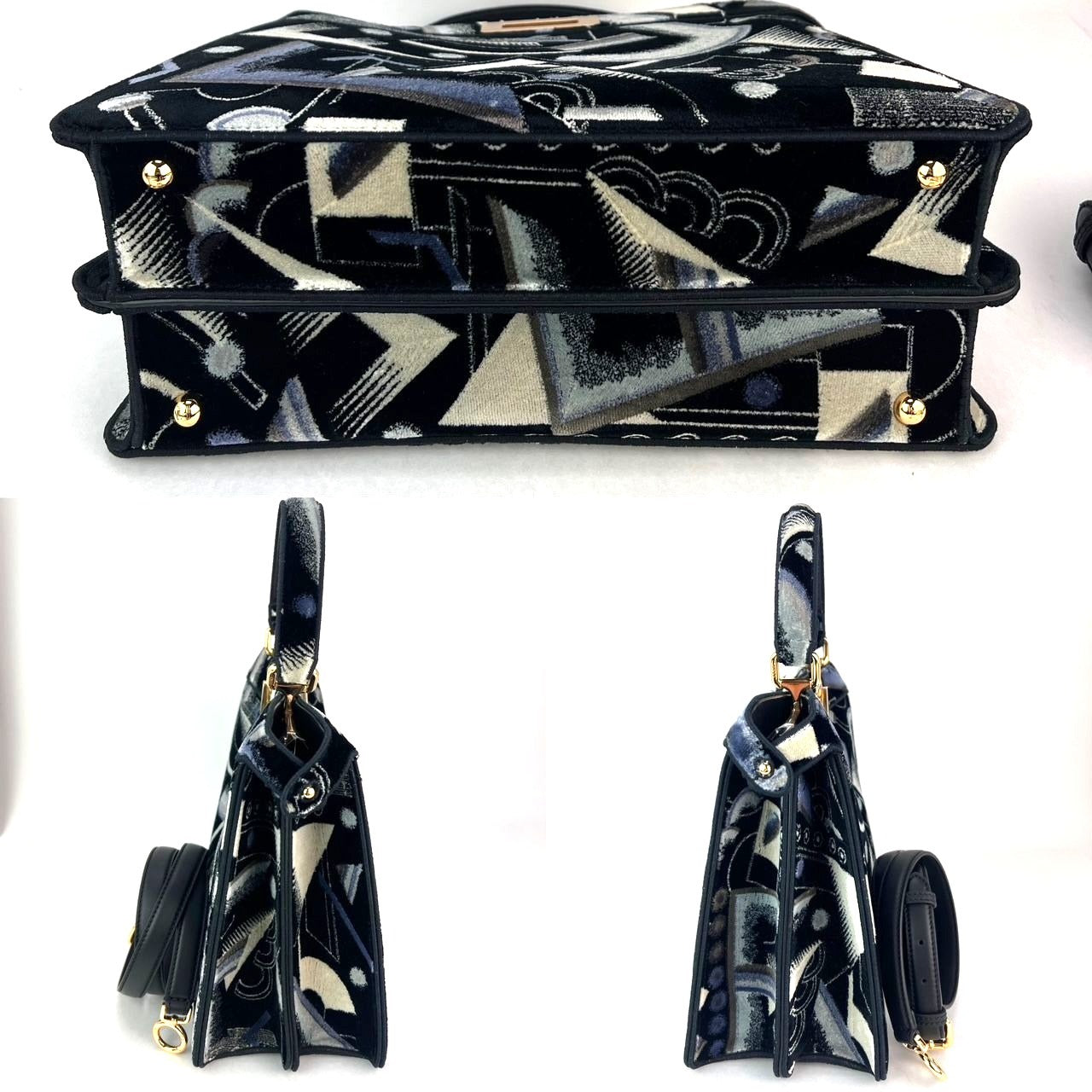 Fendi Peekaboo I see u Medium Printed Velvet Black Blue Satchel Shoulder Bag - HOUSE OF SHE
