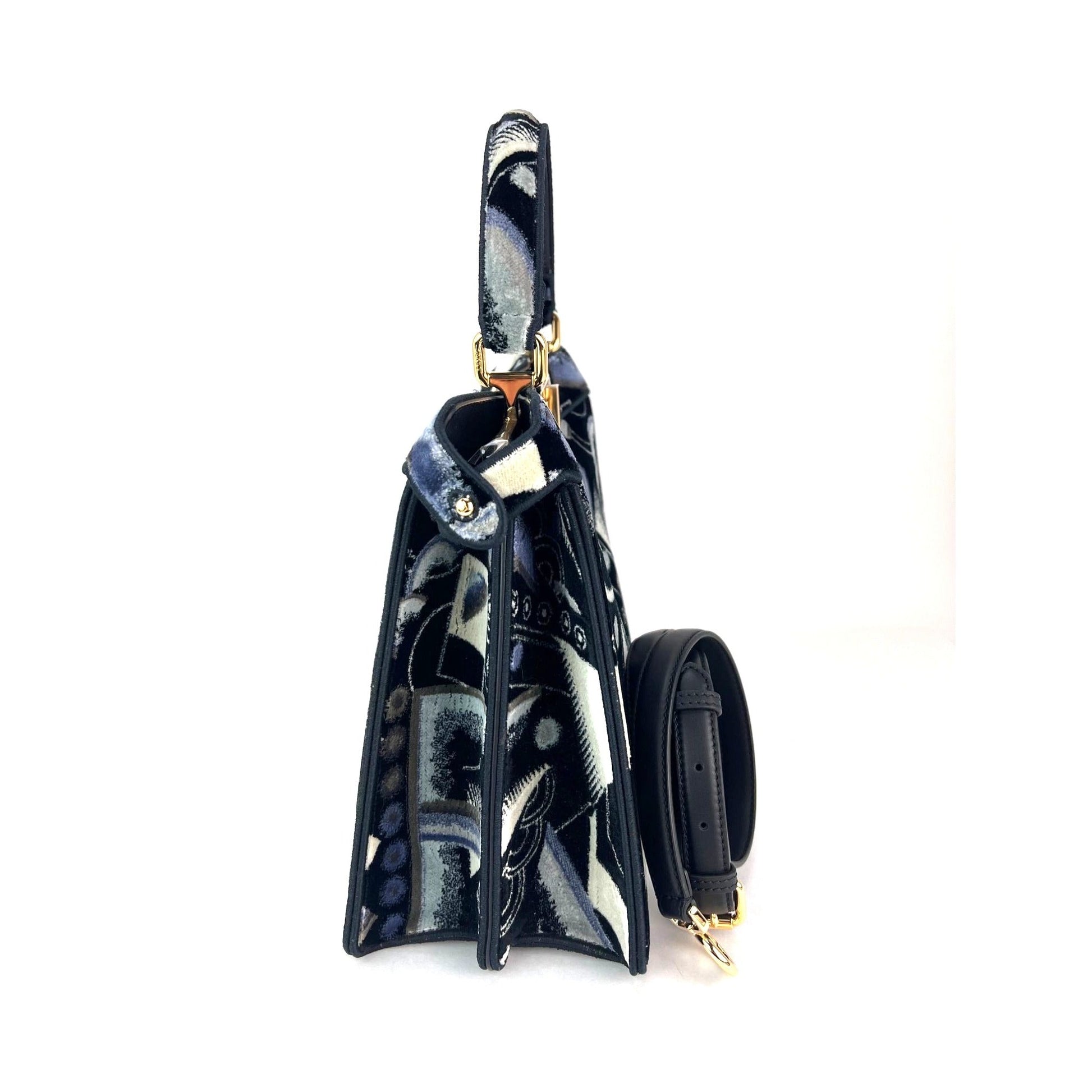 Fendi Peekaboo I see u Medium Printed Velvet Black Blue Satchel Shoulder Bag - HOUSE OF SHE