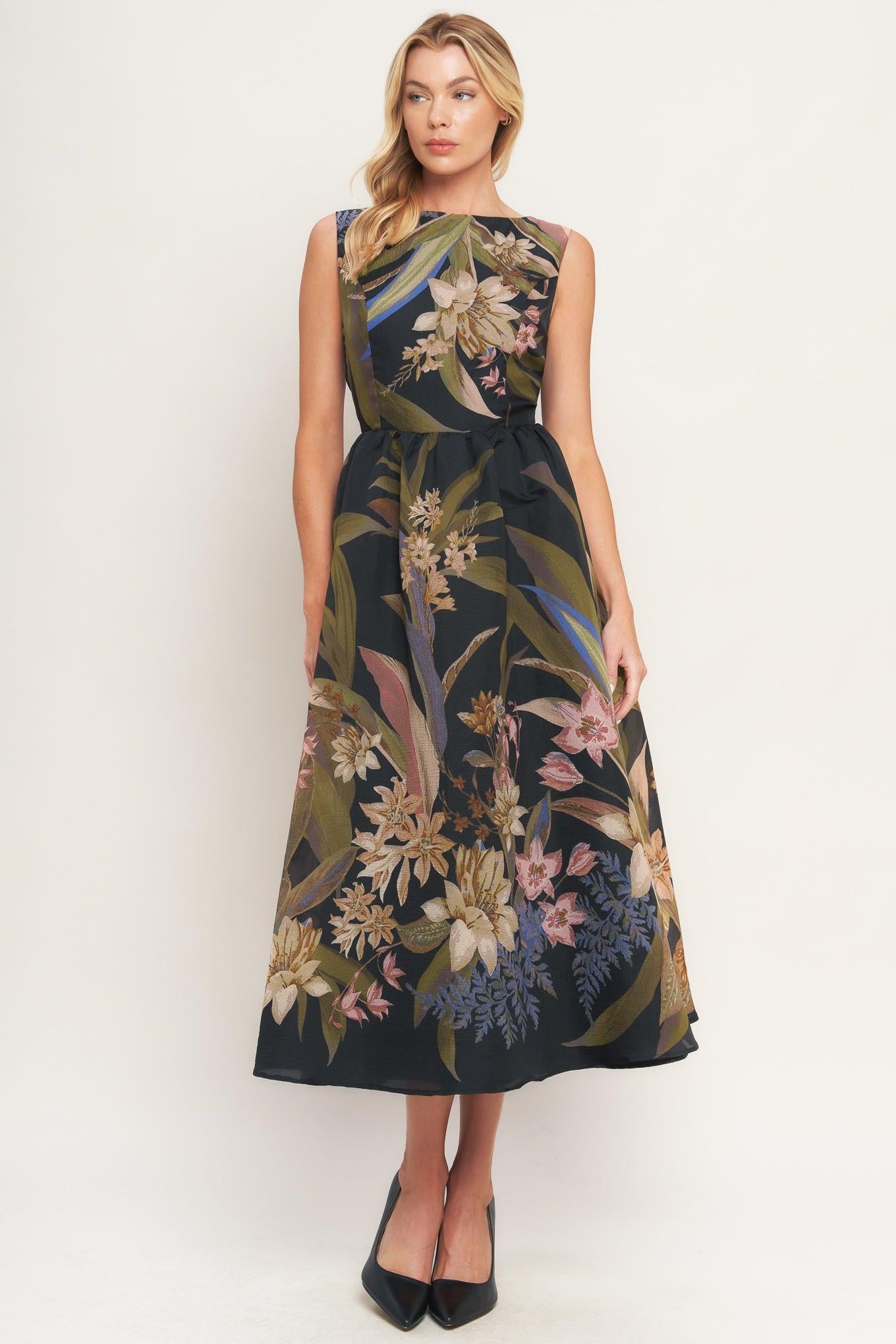 FOLIAGE WHISPER WOVEN MIDI DRESS