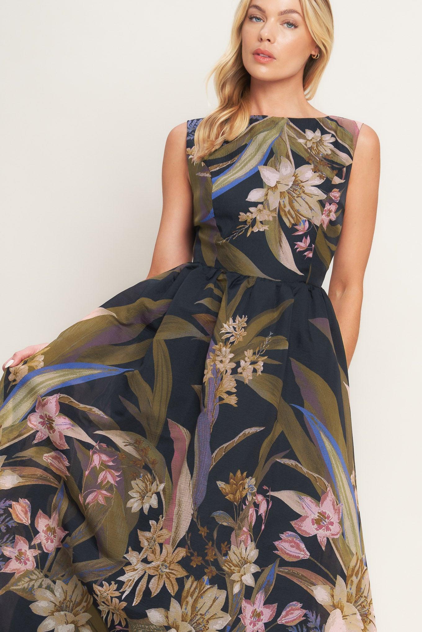 FOLIAGE WHISPER WOVEN MIDI DRESS