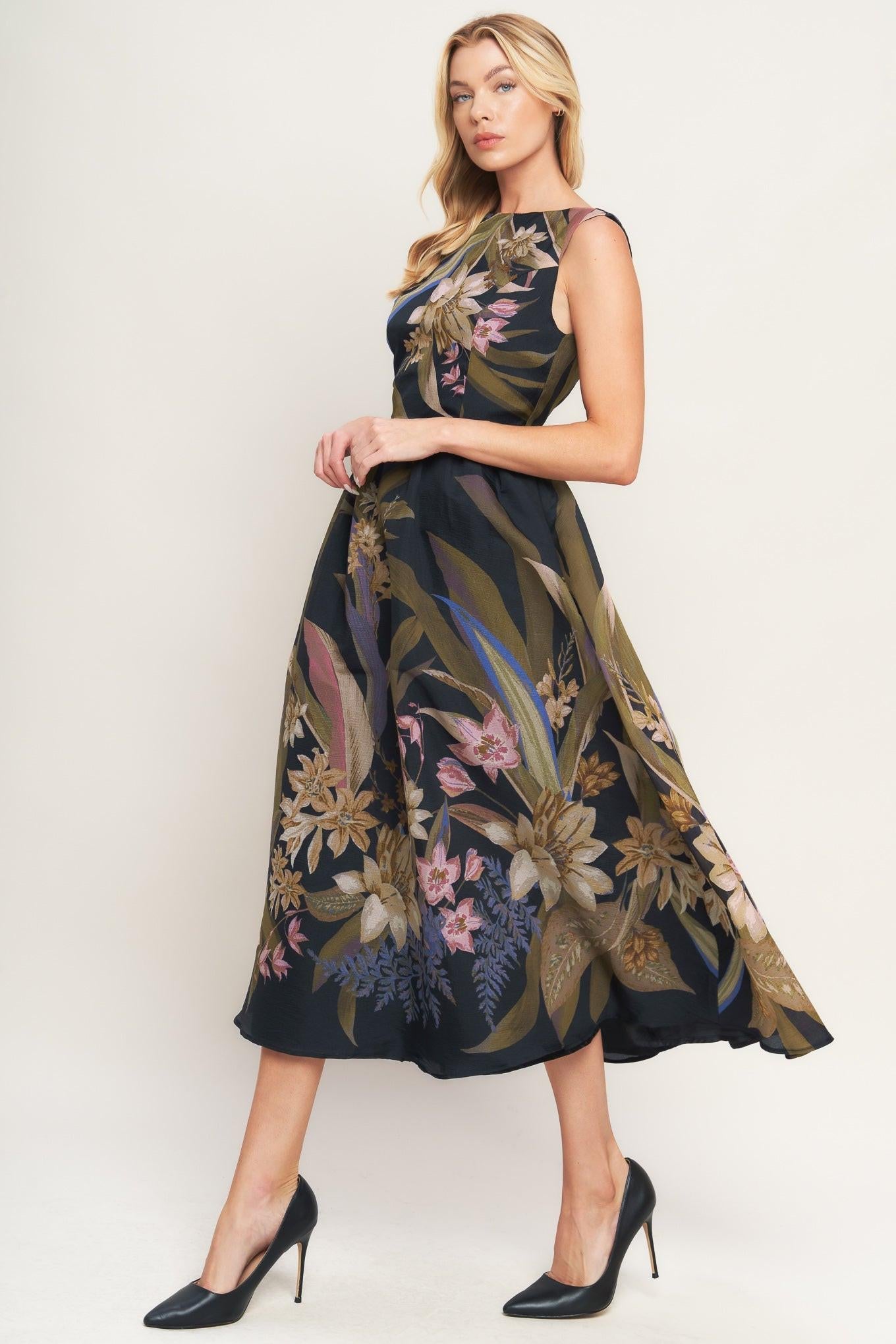 FOLIAGE WHISPER WOVEN MIDI DRESS