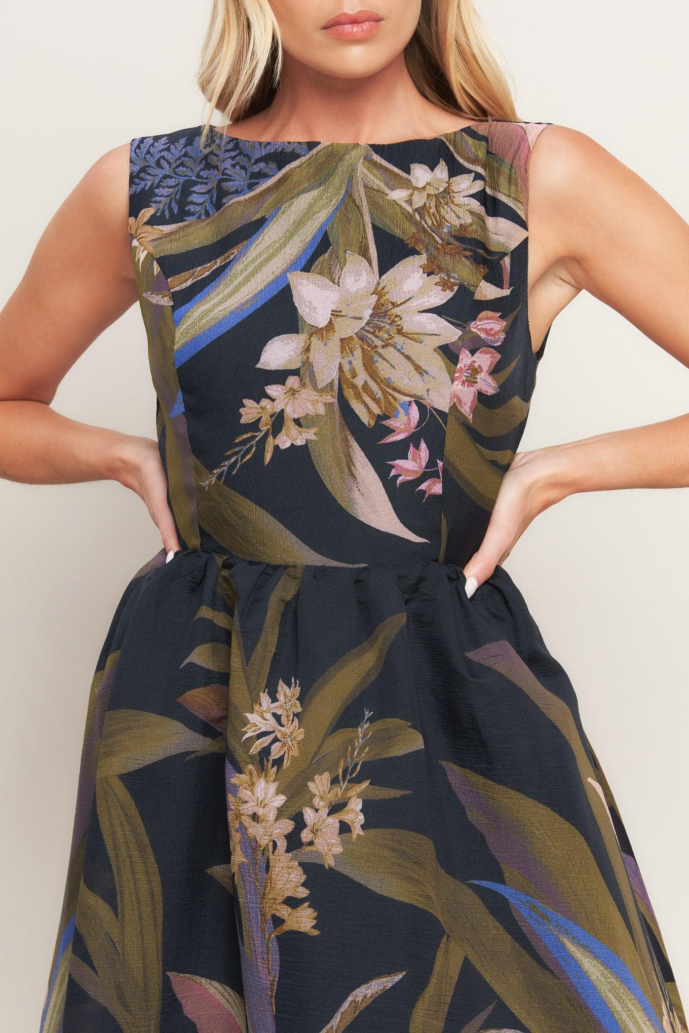 FOLIAGE WHISPER WOVEN MIDI DRESS
