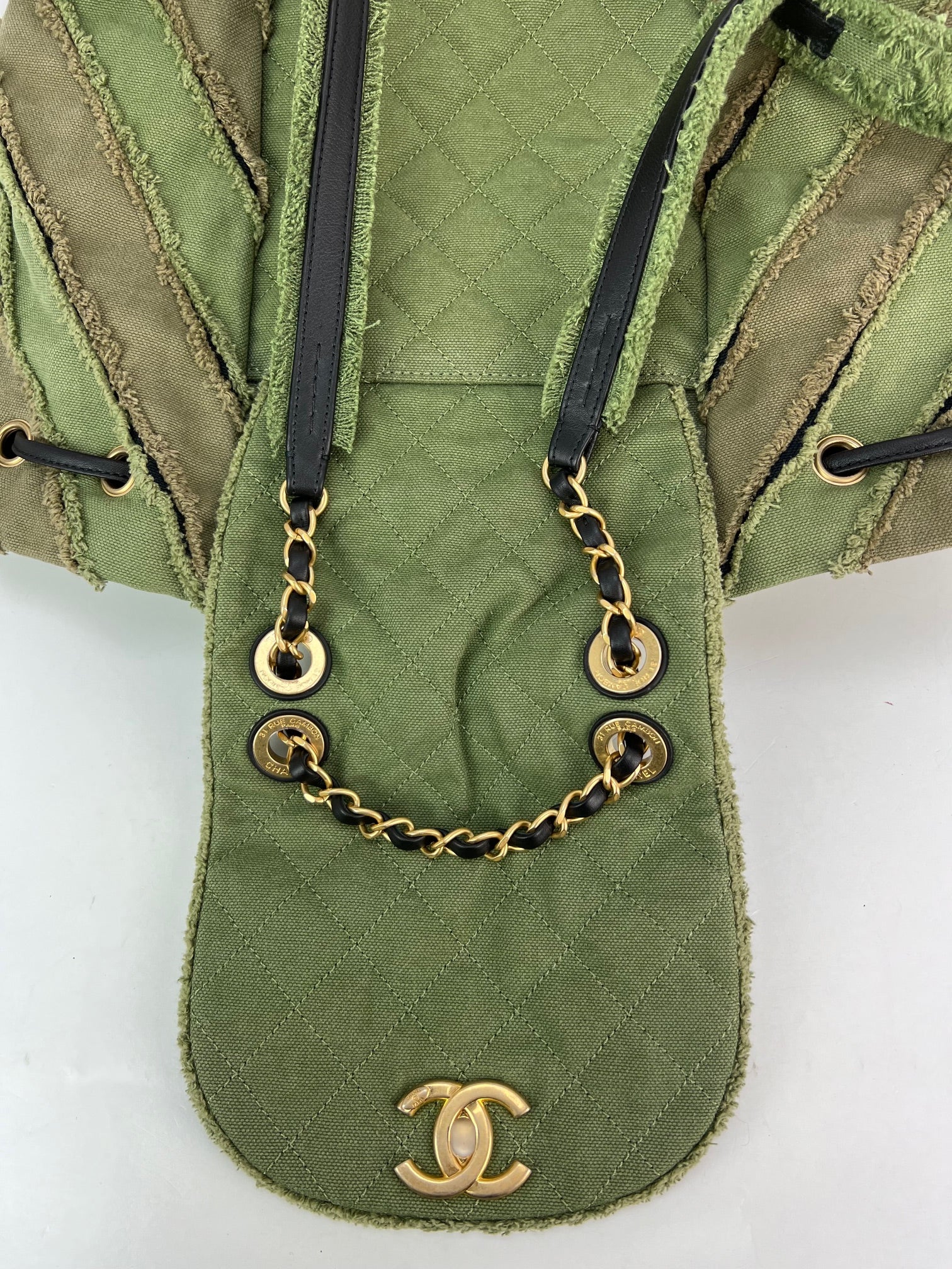 CHANEL Backpack Canvas Chevron Cuba Patchwork Khaki Green Backpack Preowned - HOUSE OF SHE