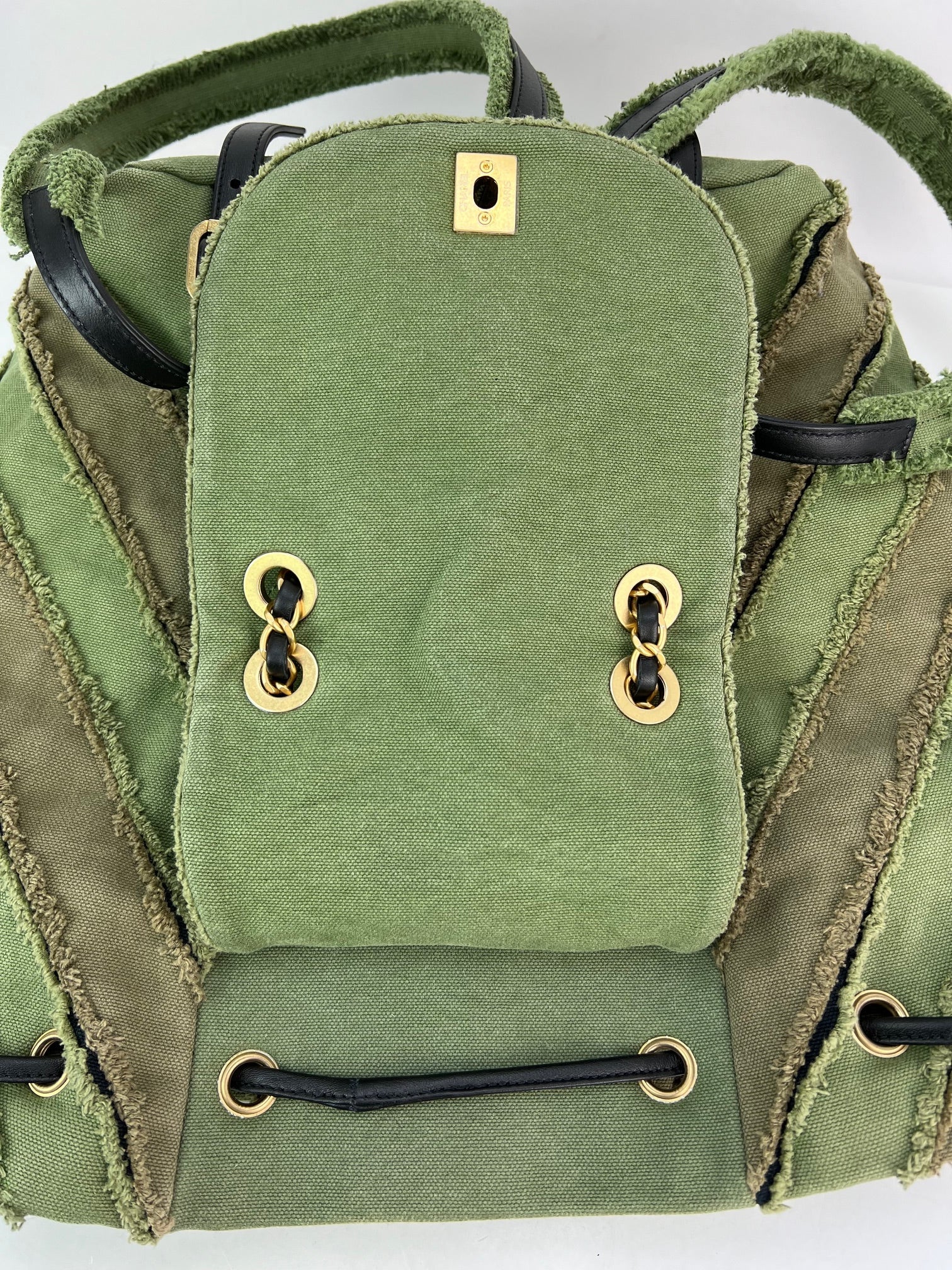 CHANEL Backpack Canvas Chevron Cuba Patchwork Khaki Green Backpack Preowned - HOUSE OF SHE