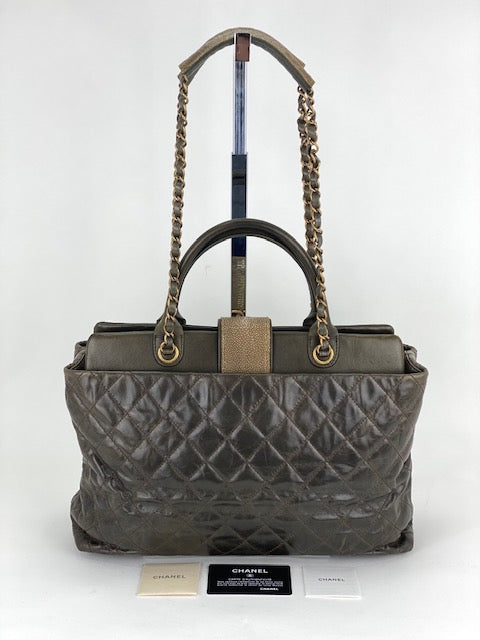 CHANEL Glazed Calfskin Shagreen Large Bindi CC Grey Tote Hand Bag - HOUSE OF SHE